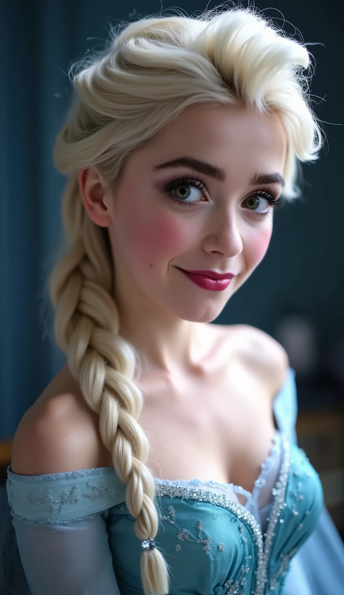 A stunning portrait of Elsa, queen of arendelle, young and beautiful, hyper realistic, real portrait, backlit, exquisite features, cleavage, sexy, seductive