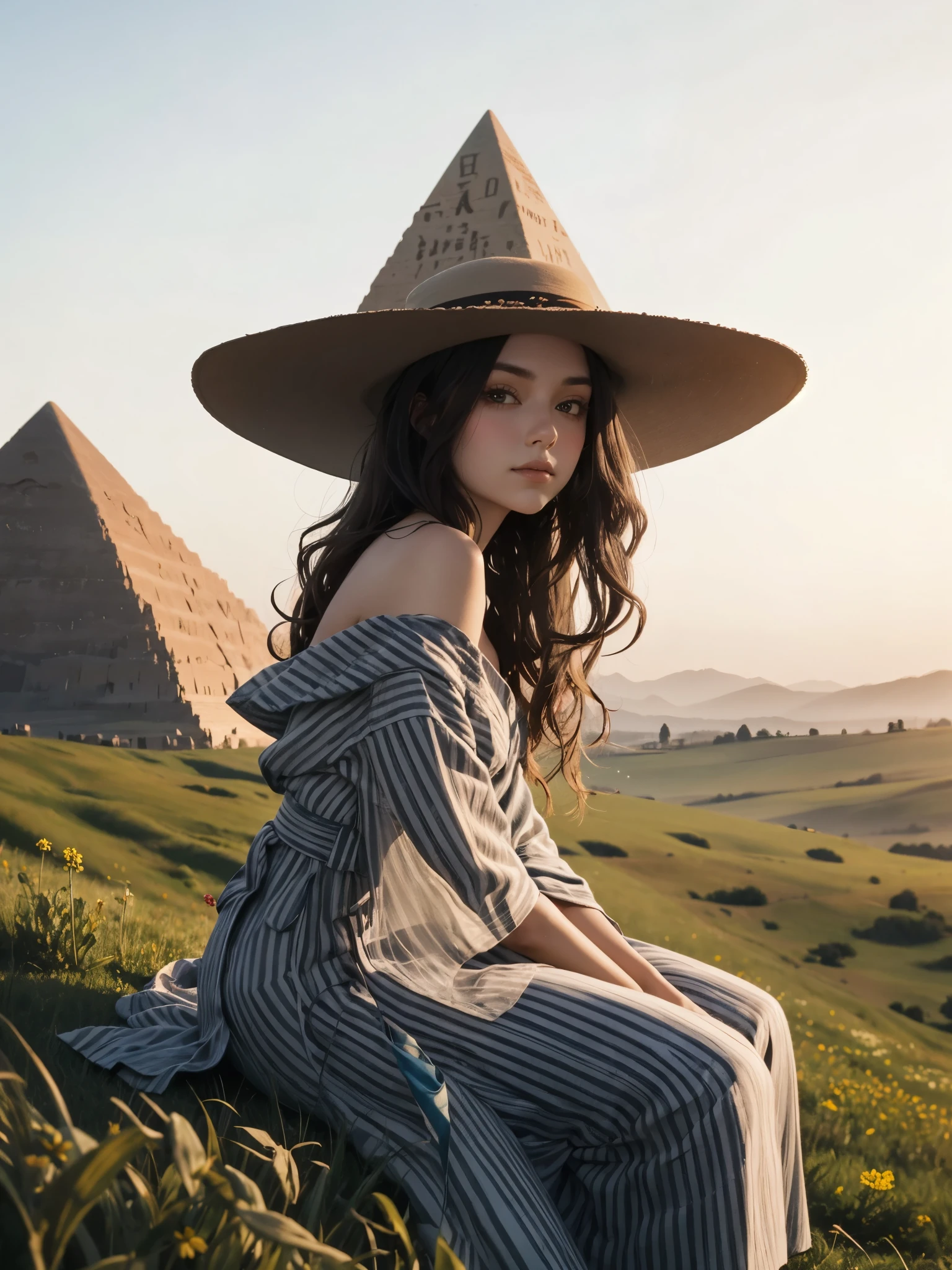 girl, from side, sitting, shoulder, see-through off-shoulder dress, wide hat, wavy long hair, looking at viewer, meadow with dots of wildflowers, warmth of golden hour, tyndall effect, cinematic, pyramid, explorer, yukata, bright color yukata, mystical light, mystical scene,