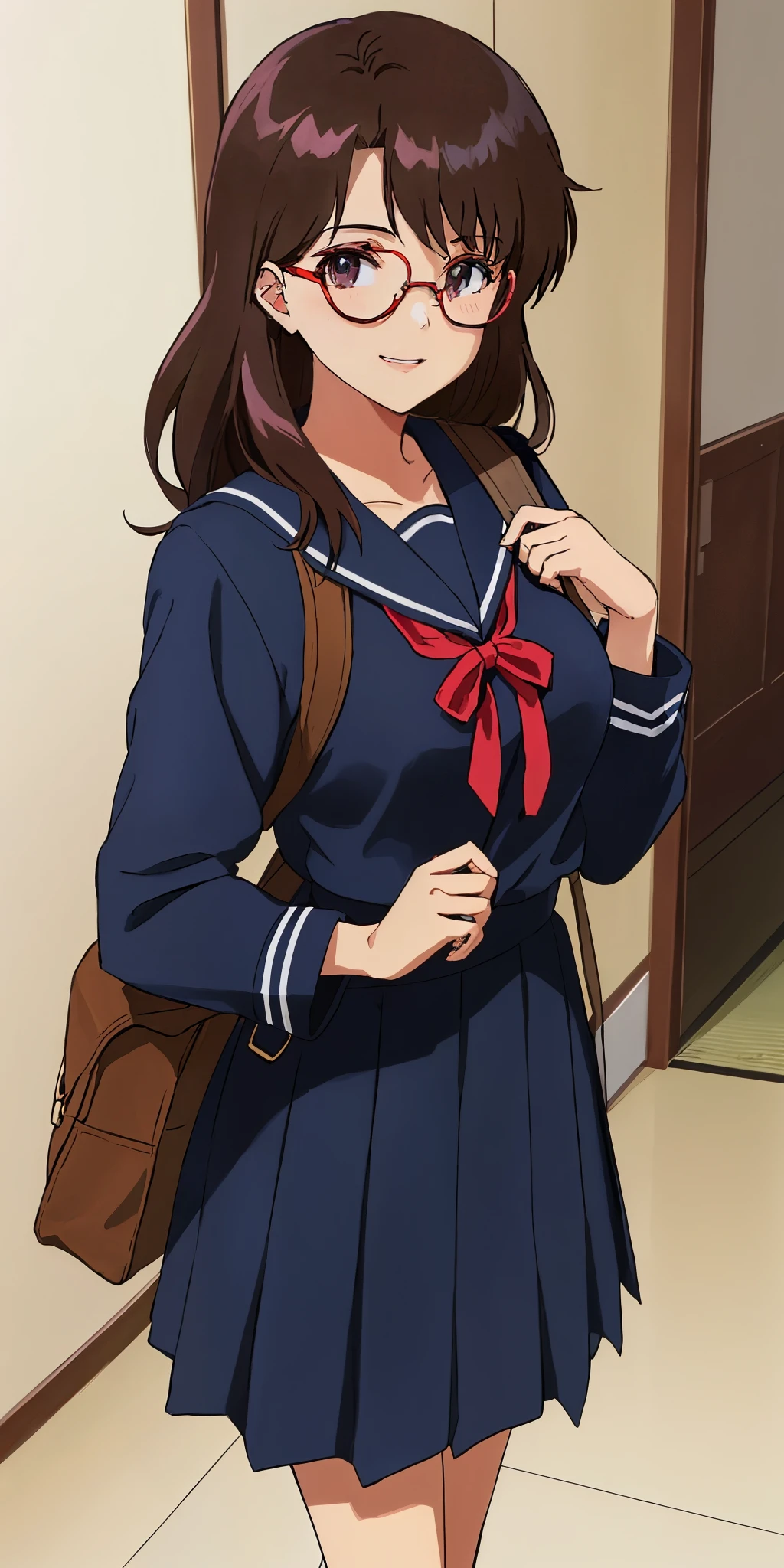 Young woman drawn in 80’s anime art style. 
Retro anime. Vintage Anime. Classical Anime. 
Black Dark Brown HAIR
Long Nihongami Hair
(Round Glasses)
(Round and Circle eyes)
(Light Brown eyes)
(Medium Sized Eyebrows)
(Freckles on Cheek)
(Light Tan Woman)
(Medium Breast)
Seductive Smile

She is wearing a sailor fuku (セーラー服, sērā fuku, sailor outfit) is a common japanese style of uniform worn by women, traditionally by high school female students. 

The uniform generally consists of a sailor-styled blouse attached with a (Navy blue sailor-style collar) and a Dark Navy Blue Sailor Blouse. The length of the long skirt goes down past her ankle.

A ribbon is tied in the front and laced through a loop attached to the sailor blouse. The color is the ribbon is red. (RED RIBBON)

(Dark Navy Blue Sailor Shirt)
(Dark Navy Pleated Skirt)

She is holding a brown briefcase and wearing a backpack. 
visiting a High School

(Solo)