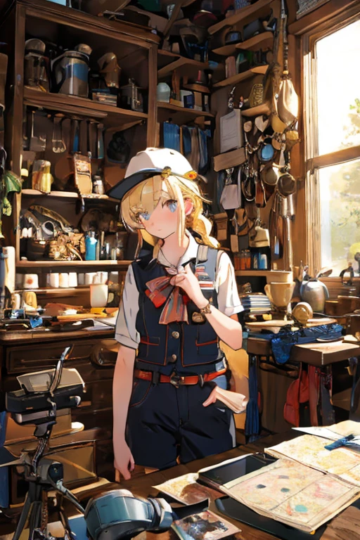 (from below:1.2,Best Quality),a girl , platinum color hair、masterpiece, highest quality, Very detailed, 16k, Ultra-high resolution, Cowboy Shot, One  girl, Detailed face, Perfect Fingers, Golden Eyes, Blonde, Braid, A vest with many pockets, Shorts, Exploring knife, Safari Hat, compass, telescope, map, A cluttered room with lots of small items, Organizing tools