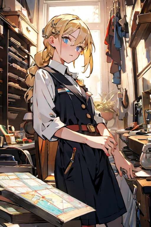 (from below:1.2,Best Quality),a girl , platinum color hair、masterpiece, highest quality, Very detailed, 16k, Ultra-high resolution, Cowboy Shot, One  girl, Detailed face, Perfect Fingers, Golden Eyes, Blonde, Braid, A vest with many pockets, Shorts, Exploring knife, Safari Hat, compass, telescope, map, A cluttered room with lots of small items, Organizing tools