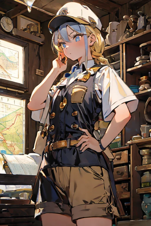 (from below:1.2,Best Quality),a girl , platinum color hair、masterpiece, highest quality, Very detailed, 16k, Ultra-high resolution, Cowboy Shot, One  girl, Detailed face, Perfect Fingers, Golden Eyes, Blonde, Braid, A vest with many pockets, Shorts, Exploring knife, Safari Hat, compass, telescope, map, A cluttered room with lots of small items, Organizing tools