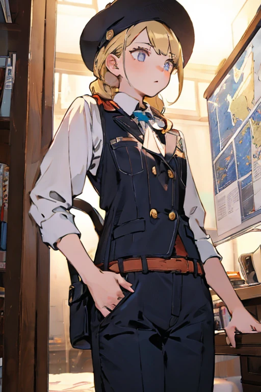 (from below:1.2,Best Quality),a girl , platinum color hair、masterpiece, highest quality, Very detailed, 16k, Ultra-high resolution, Cowboy Shot, One  girl, Detailed face, Perfect Fingers, Golden Eyes, Blonde, Braid, A vest with many pockets, Shorts, Exploring knife, Safari Hat, compass, telescope, map, A cluttered room with lots of small items, Organizing tools