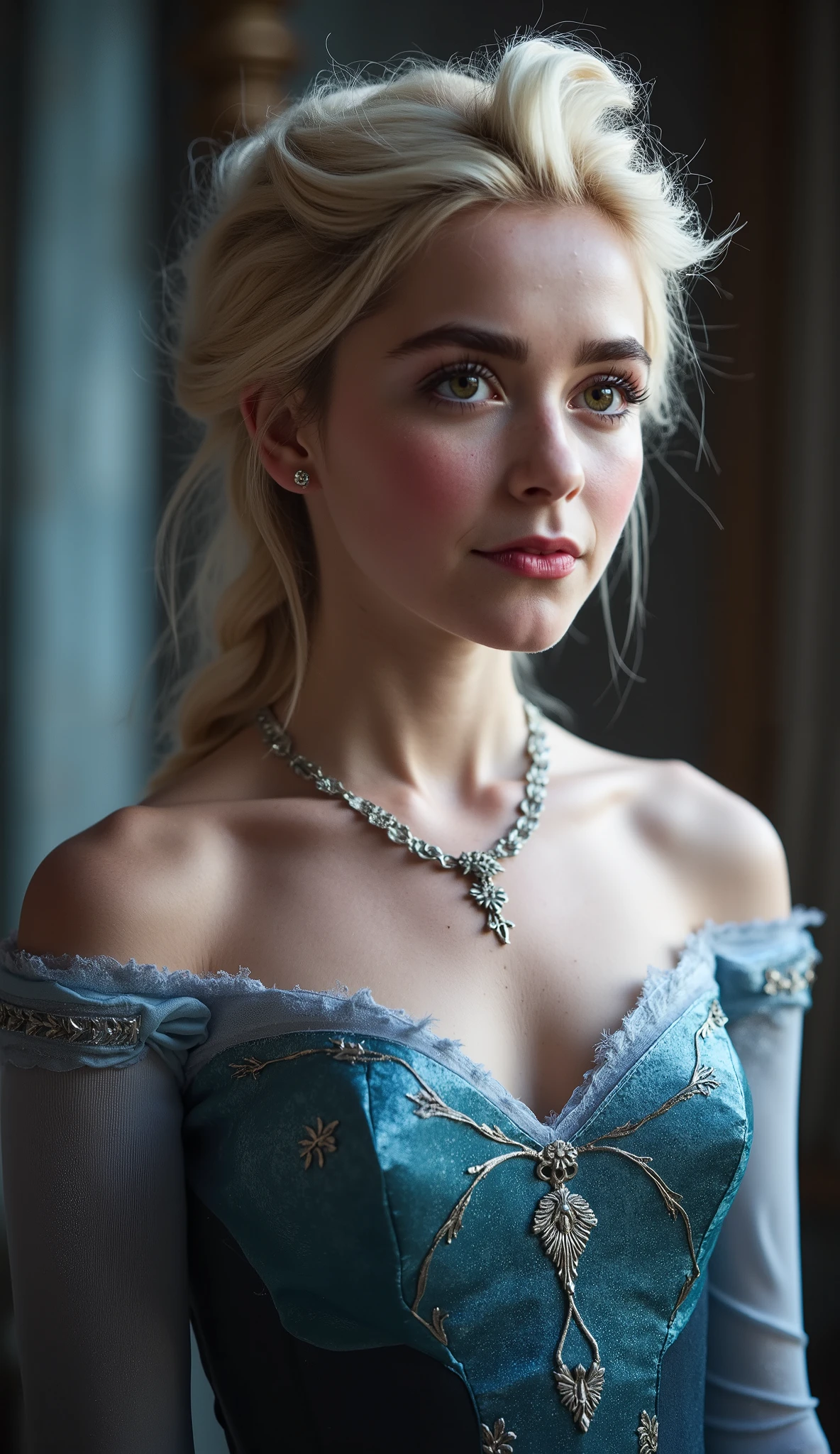 A stunning portrait of Elsa, queen of arendelle, young and beautiful, hyper realistic, real portrait, backlit, exquisite features, cleavage, sexy, seductive, interior of a castle 