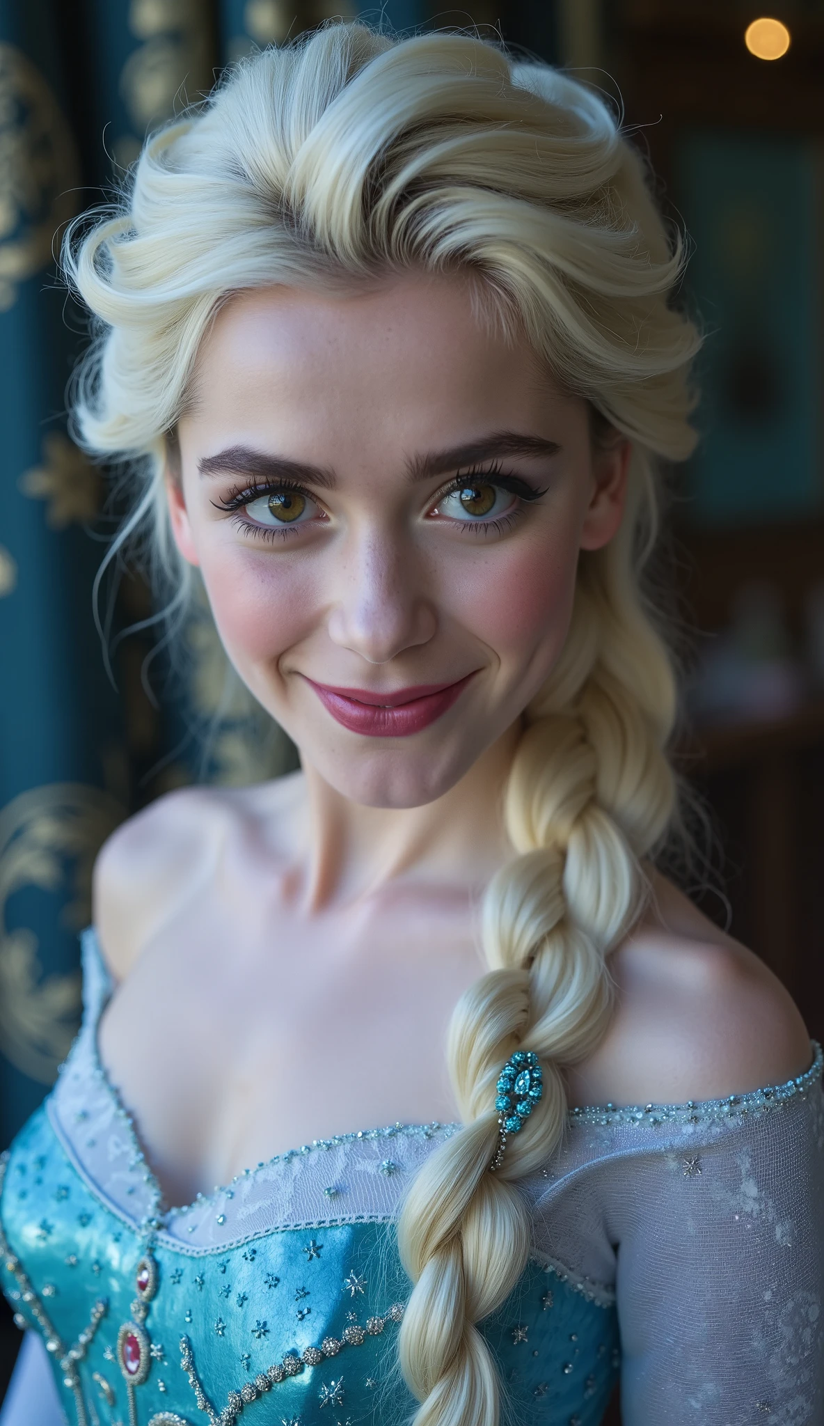 A stunning portrait of Elsa, queen of arendelle, young and beautiful, hyper realistic, real portrait, backlit, exquisite features, cleavage, sexy, seductive