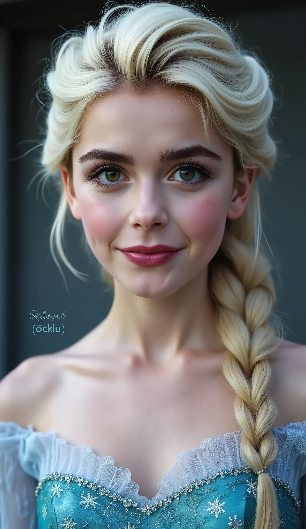 A stunning portrait of Elsa, queen of arendelle, young and beautiful, hyper realistic, real portrait, backlit, exquisite features, cleavage, sexy, seductive