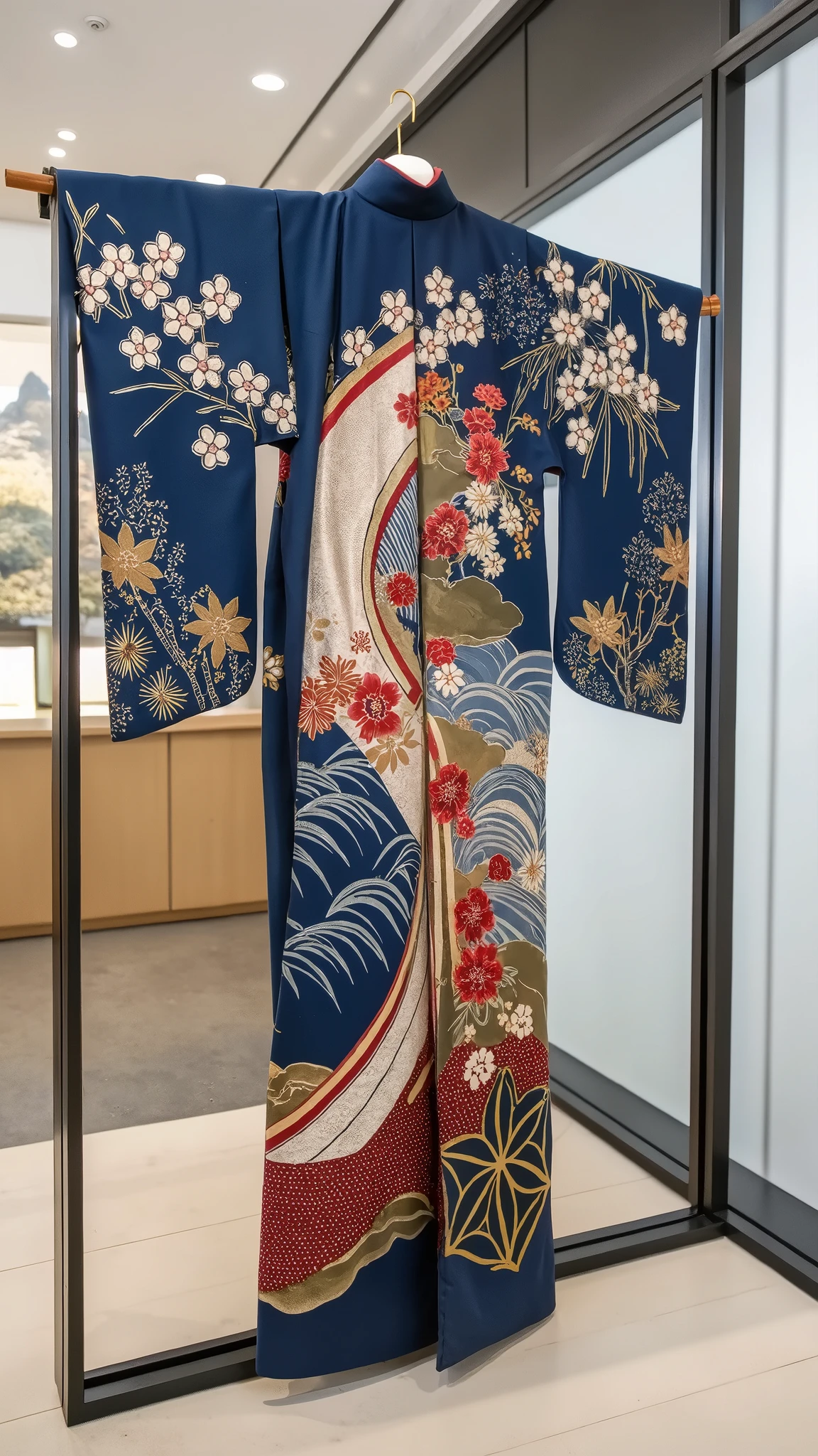 (masterpiece,  High Quality ,  high definition ,  Golden Ratio ,  movie lighting, 8k),  The shape of the yukata has clear outlines 。  accentuate the detailed design of the yukata 、 Subtle shadows express the texture and movement of the fabric 。Inside is 、cherry blossoms、 Flowing Water、 accentuate 、 a stunning abstract painting representing traditional Japanese yukata 。 The color is deep blue 、Bright vermilion、 accents with gold 、 accents 。  The background is minimalistic, 、 geometric hemp leaf motifs, etc. 、 depicts intricate traditional Japanese patterns 。  The overall composition is 、 The flowing sleeves and clear collar are emphasized {x} exudes a balance between traditional Japanese aesthetics and modern abstract art。