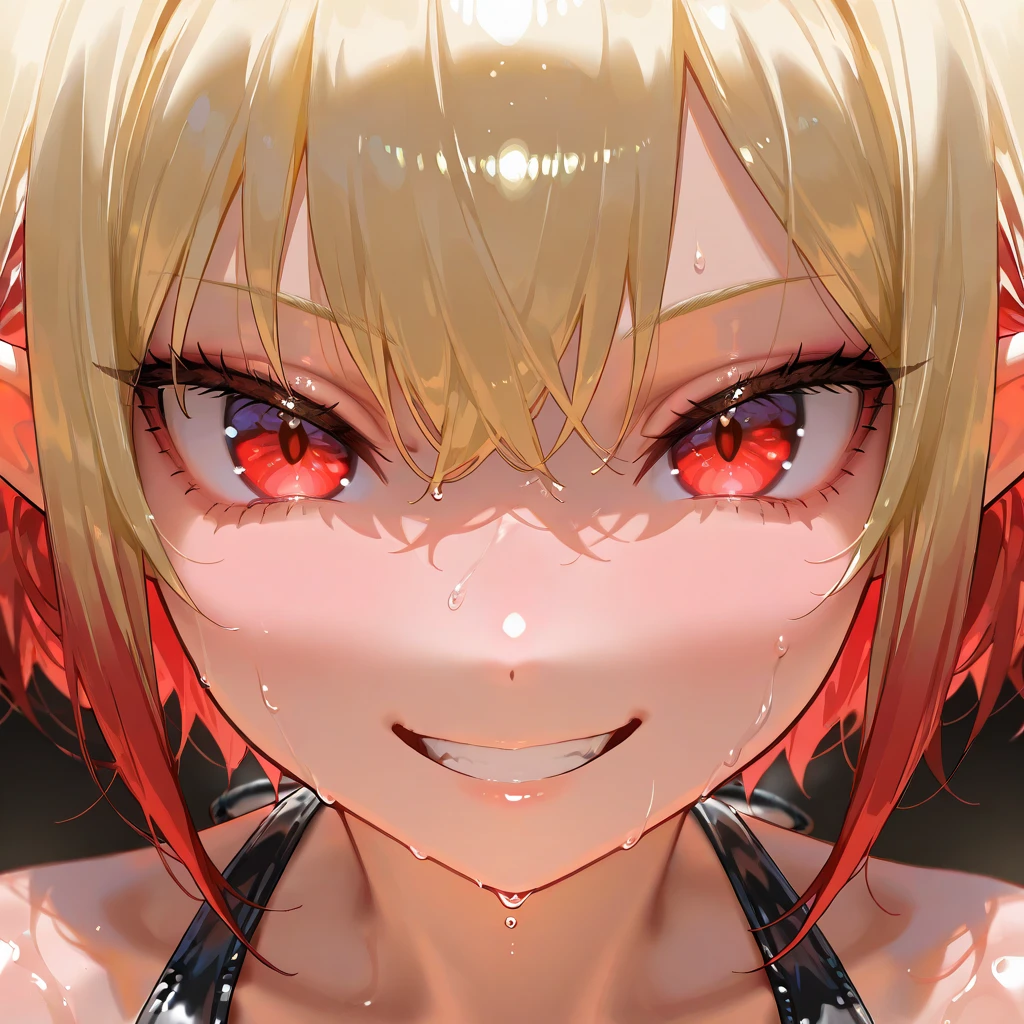 ultra-detailed, full-length, 1girl:1.4, solo, elf, elf ears, (beautiful face), beautiful eyes, portrait:1.43, (focusing on face), detailed eyes, (Ideal body proportions), ((Composition from head to thigh)), black bikini suit, Drenched shortcut blond hair, (scarlet clear red eyes, tsurime), The erection, Carmelto, Sexy body, grin smile, short-hair, blond hair with burgundy tips of hair, burgundy ends of hair, shiny skin, oiled skin, slenderness, Small buttocks, Beautiful legs, Skinny Legs, One-person viewpoint, masterpiece, ((Anatomically correct)), (portrait:1.4), (((close-up))), (focusing on eyes)