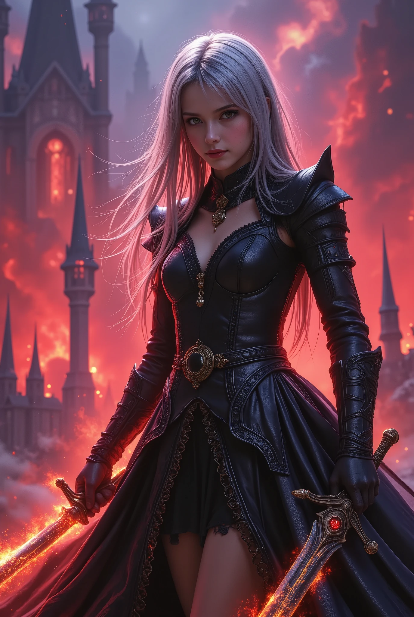 masterpiece, best quality, ultra-detailed, a vivid, high-contrast scene,
1girl\(silver-haired,dramatic black gothic dress,holding massive sword, dramatic shadows across her face and the ground, creating a striking visual effect\),
massive sword\(that glows with intense red and orange flames,with the fiery glow of the sword casting harsh,
Guard\(rabbit trademark\(trk\),in the center\)\),
background\(dark gothic cityscape,towering spires silhouetted against a vibrant red and purple sky,The bold colors of the sky and the glowing weapon contrast sharply with the deep blacks of her dress, filled with dynamic lighting,Her expression is fierce and determined, as if she’s ready to face a powerful enemy. The overall atmosphere is one of high tension and drama, with the intense colors and sharp contrasts giving the scene a sense of urgency and power\),Colors that blend well with the girl and the background