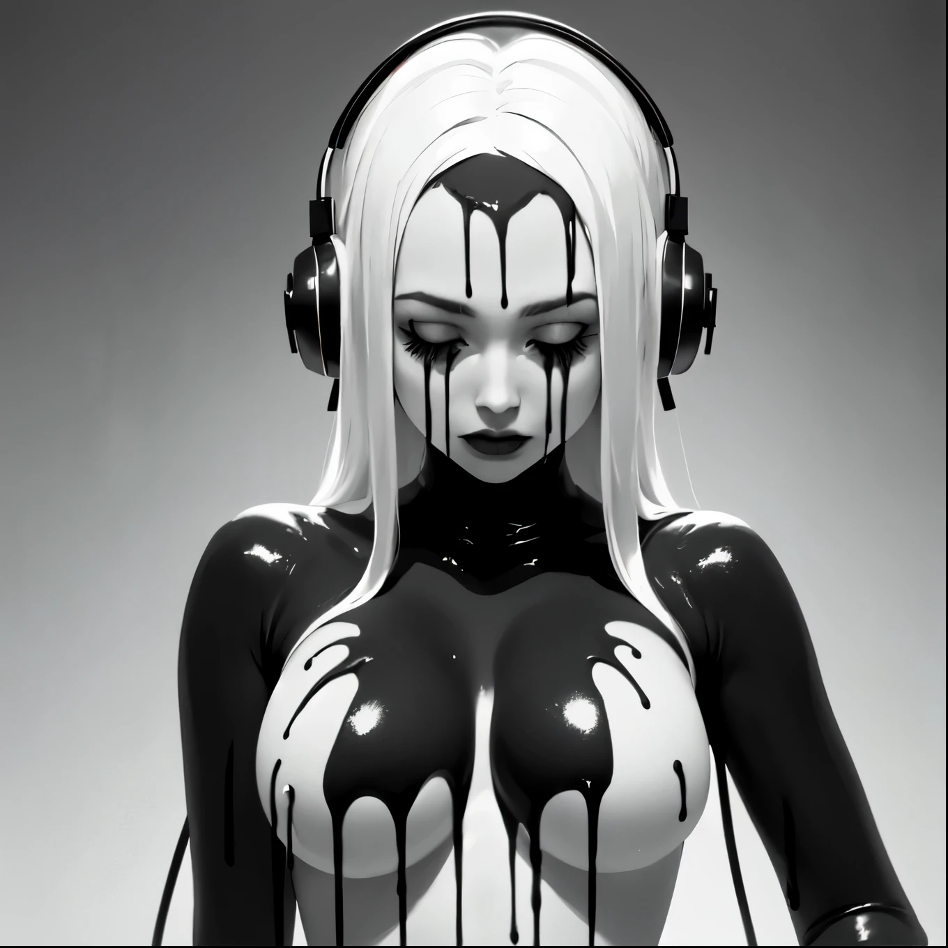 bs, solo, simple background, monochrome, upper body, greyscale, bodysuit, black background, 1other, monster, arms at sides, horror (theme), abstract, ,dark angel ,big breasts, nurse outfit, wearing a black hood, anime, music, headphones, hot sexy, erotic, wearing a headphones, red color