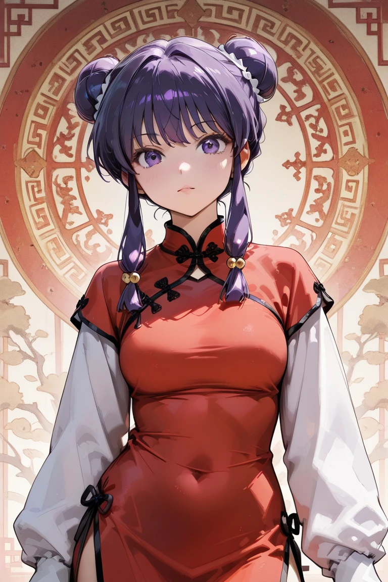 A highly detailed and high resolution image of "Shampoo" [from Ranma 1/2]; Chinese girl with long purple hair and twin buns; cute,sexhair ornament; a ((red)) Chinese qipao (cheongsam) (Long shirt ) dress, purple eyes; a red colored Chinese wedding scene in the .background; break: quality\(8k,wallpaper of extremely detailed CG unit, high resolution, top-quality, top-quality real texture skin, hyper realistic, increase the resolution, RAW photos, best quality, highly detailed, the wallpaper, golden ratio, high saturation realism, vibrant colors, dramatic lighting, persuasive storytelling, atmospheric scenery, captivating visuals, intricate details, strong emotions, dreamlike world\),(dynamic angle:1.4)