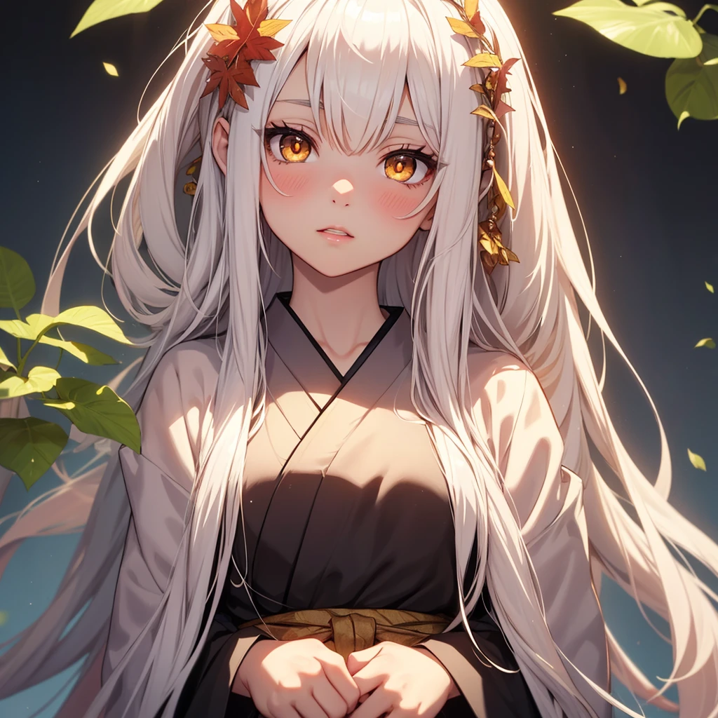 Long white hair, female, golden eyes, orangeish eyes, wearing leaf looking haori, demon slayer art style, 1girl, Solo, Long Hair, High Resolution, Black Hair, White Hair, Blush, teenager, cherubic features, thick black eyelashes, plump lips