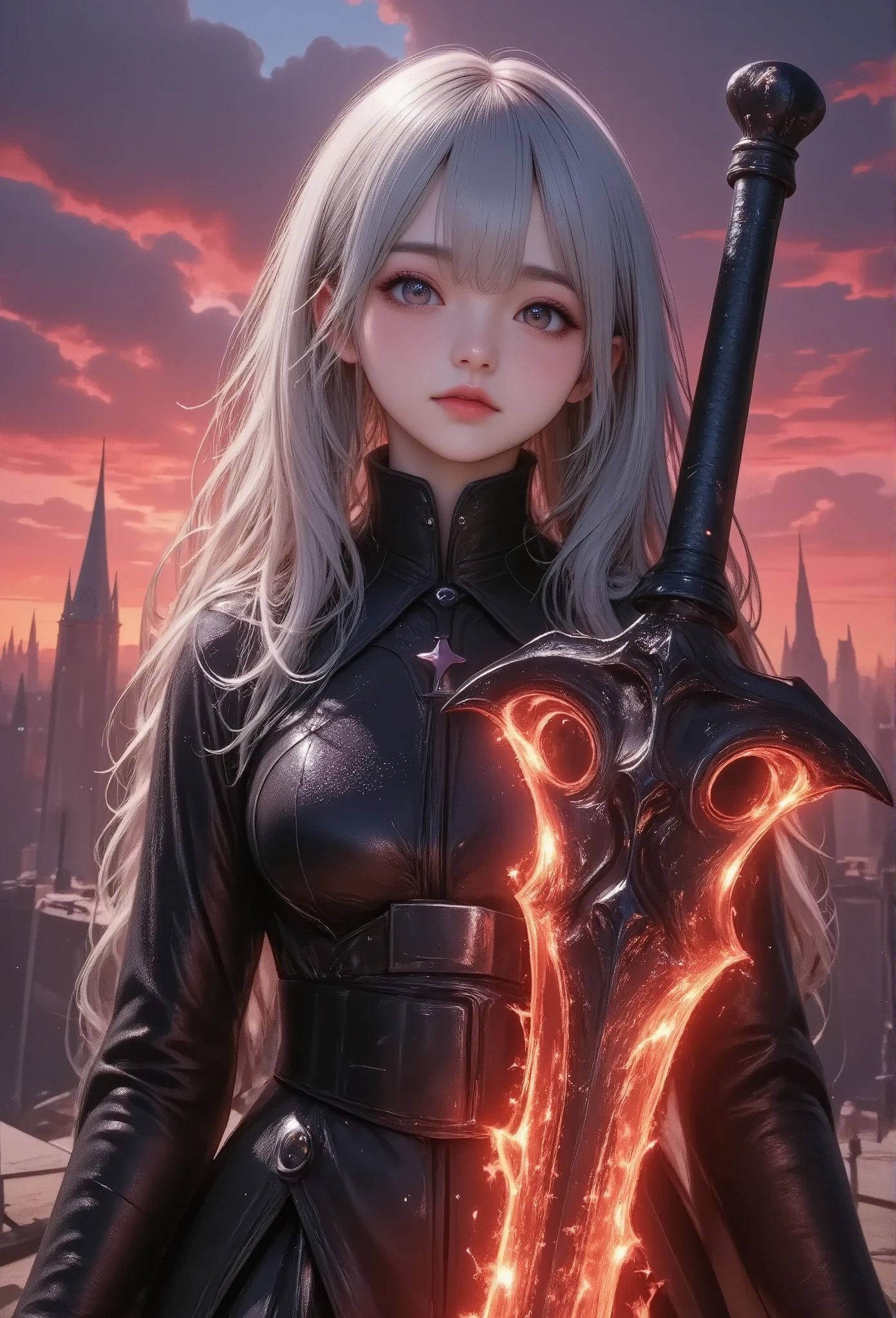 masterpiece, best quality, ultra-detailed, a vivid, high-contrast scene,
1girl\(silver-haired,dramatic black gothic dress,holding massive sword, dramatic shadows across her face and the ground, creating a striking visual effect\),
massive sword\(that glows with intense red and orange flames,with the fiery glow of the sword casting harsh,
Guard\(rabbit trademark\(trk\),in the center\)\),
background\(dark gothic cityscape,towering spires silhouetted against a vibrant red and purple sky,The bold colors of the sky and the glowing weapon contrast sharply with the deep blacks of her dress, filled with dynamic lighting,Her expression is fierce and determined, as if she’s ready to face a powerful enemy. The overall atmosphere is one of high tension and drama, with the intense colors and sharp contrasts giving the scene a sense of urgency and power\),Colors that blend well with the girl and the background