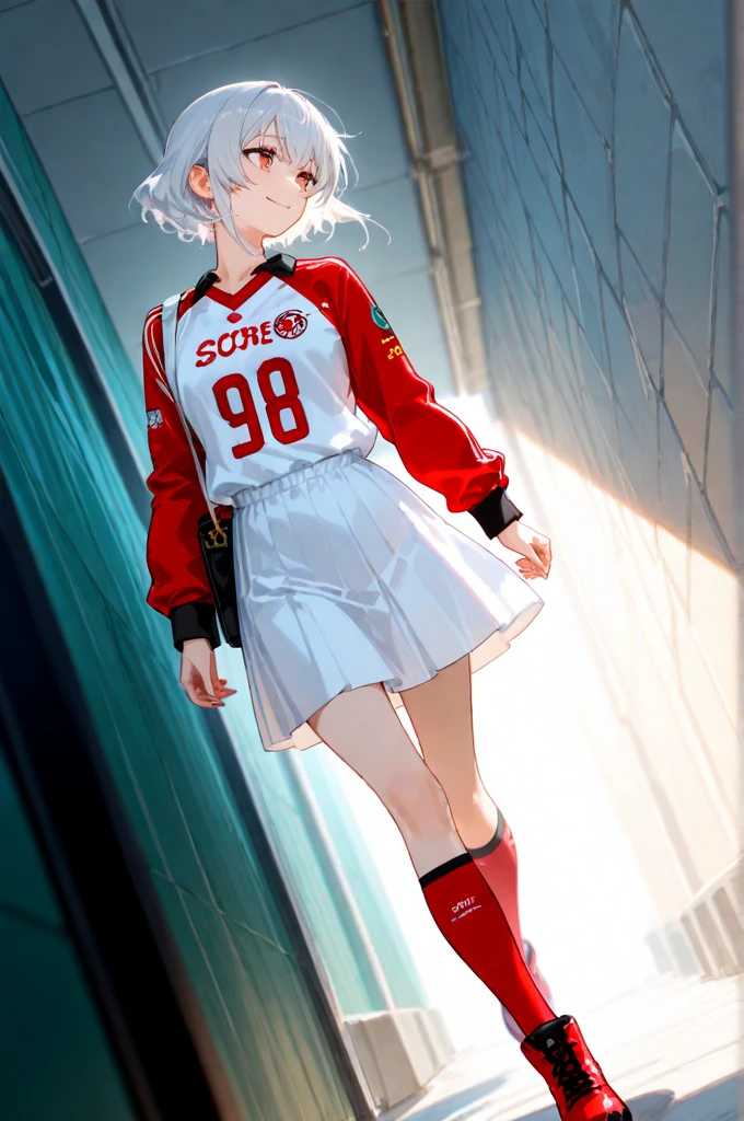 masterpiece,best quality,newest,absurdres,depth of field,1girl,perfect body,looking side,smile,white long tulle skirt,white zipup boots,red soccer jersey,oversized jersey,a luxury brand shoulder bag,stand against the brick wall,full_shot,front view,dynamic_angle,