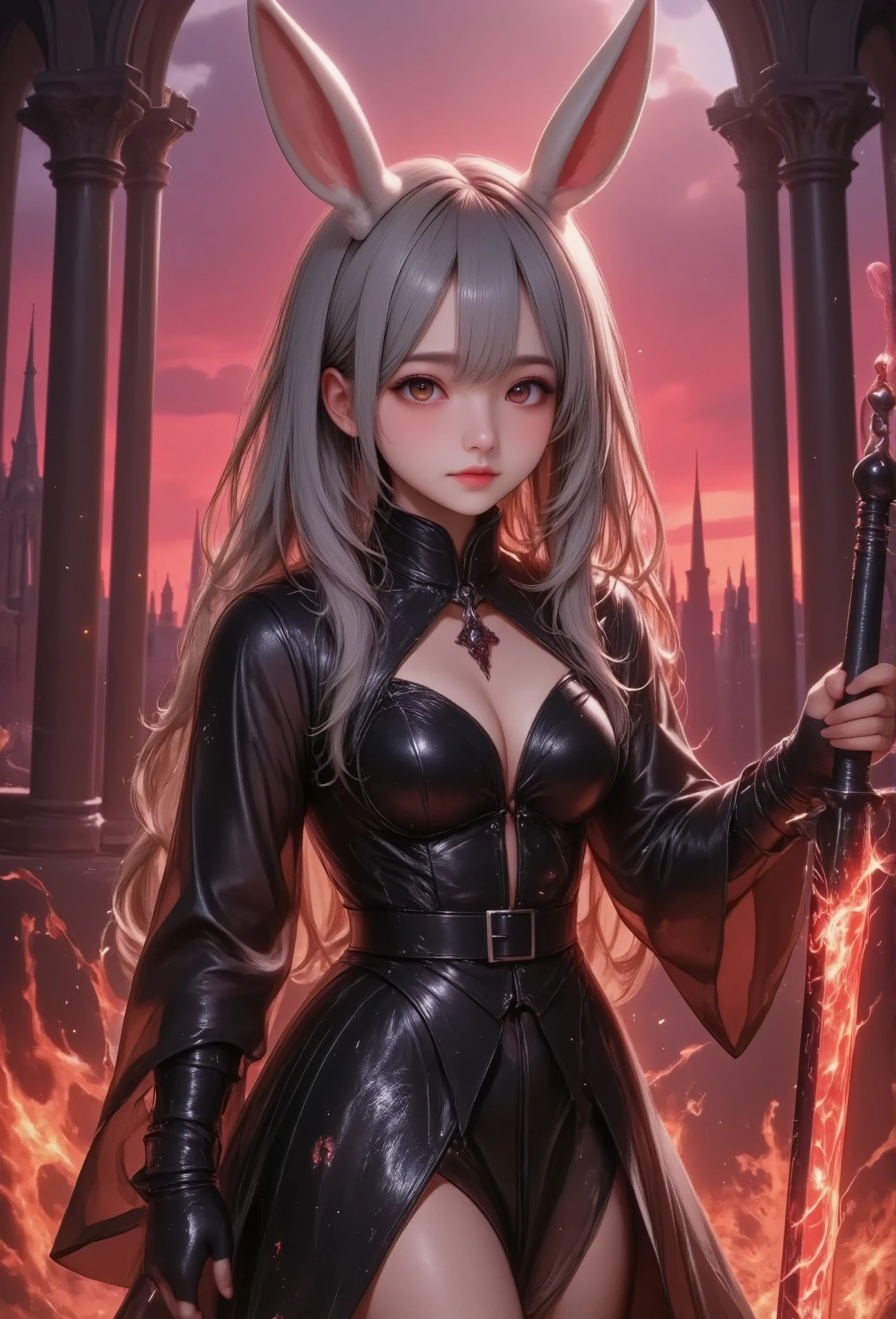 masterpiece, best quality, ultra-detailed, a vivid, high-contrast scene,
1girl\(silver-haired,dramatic black gothic dress,holding massive sword, dramatic shadows across her face and the ground, creating a striking visual effect\),
massive sword\(that glows with intense red and orange flames,with the fiery glow of the sword casting harsh,
Guard\(rabbit trademark\(trk\),in the center\)\),
background\(dark gothic cityscape,towering spires silhouetted against a vibrant red and purple sky,The bold colors of the sky and the glowing weapon contrast sharply with the deep blacks of her dress, filled with dynamic lighting,Her expression is fierce and determined, as if she’s ready to face a powerful enemy. The overall atmosphere is one of high tension and drama, with the intense colors and sharp contrasts giving the scene a sense of urgency and power\),Colors that blend well with the girl and the background