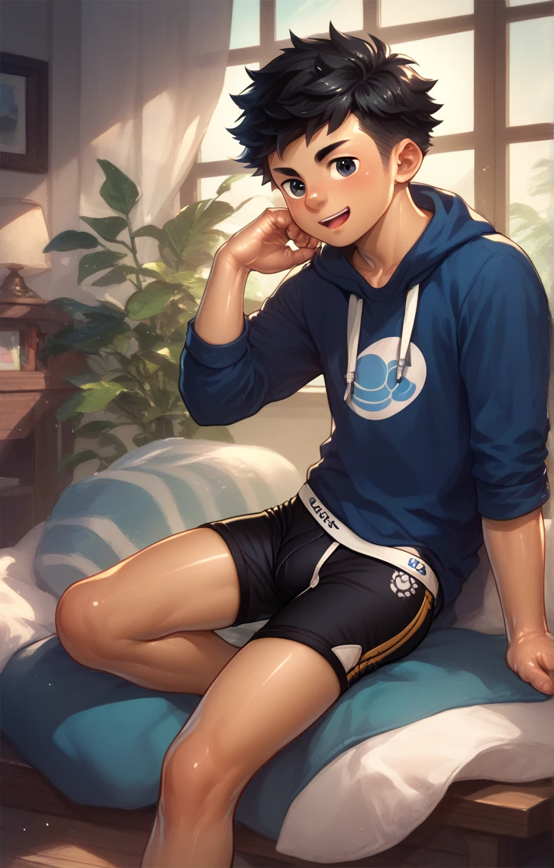  Cute young man twink curly black hair and black eyes black boxer briefs playing video games 