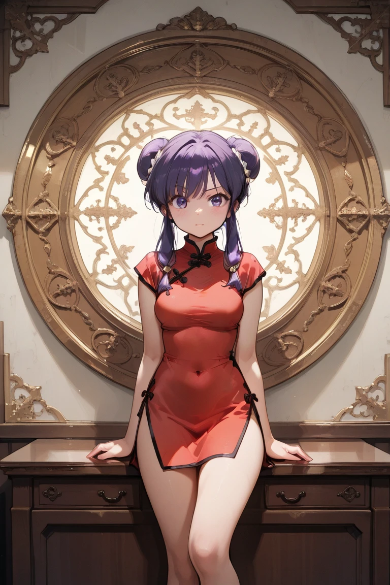 A highly detailed and high resolution image of "Shampoo" [from Ranma 1/2]; Chinese girl with long purple hair and twin buns; cute, hair ornament; a ((red)) Chinese qipao (cheongsam) (Long shirt ) dress, purple eyes; bare arms; Bare legs; a red colored Chinese wedding scene in the .background; break: quality\(8k,wallpaper of extremely detailed CG unit, high resolution, top-quality, top-quality real texture skin, hyper realistic, increase the resolution, RAW photos, best quality, highly detailed, the wallpaper, golden ratio, high saturation realism, vibrant colors, dramatic lighting, persuasive storytelling, atmospheric scenery, captivating visuals, intricate details, strong emotions, dreamlike world\),(dynamic angle:1.4)