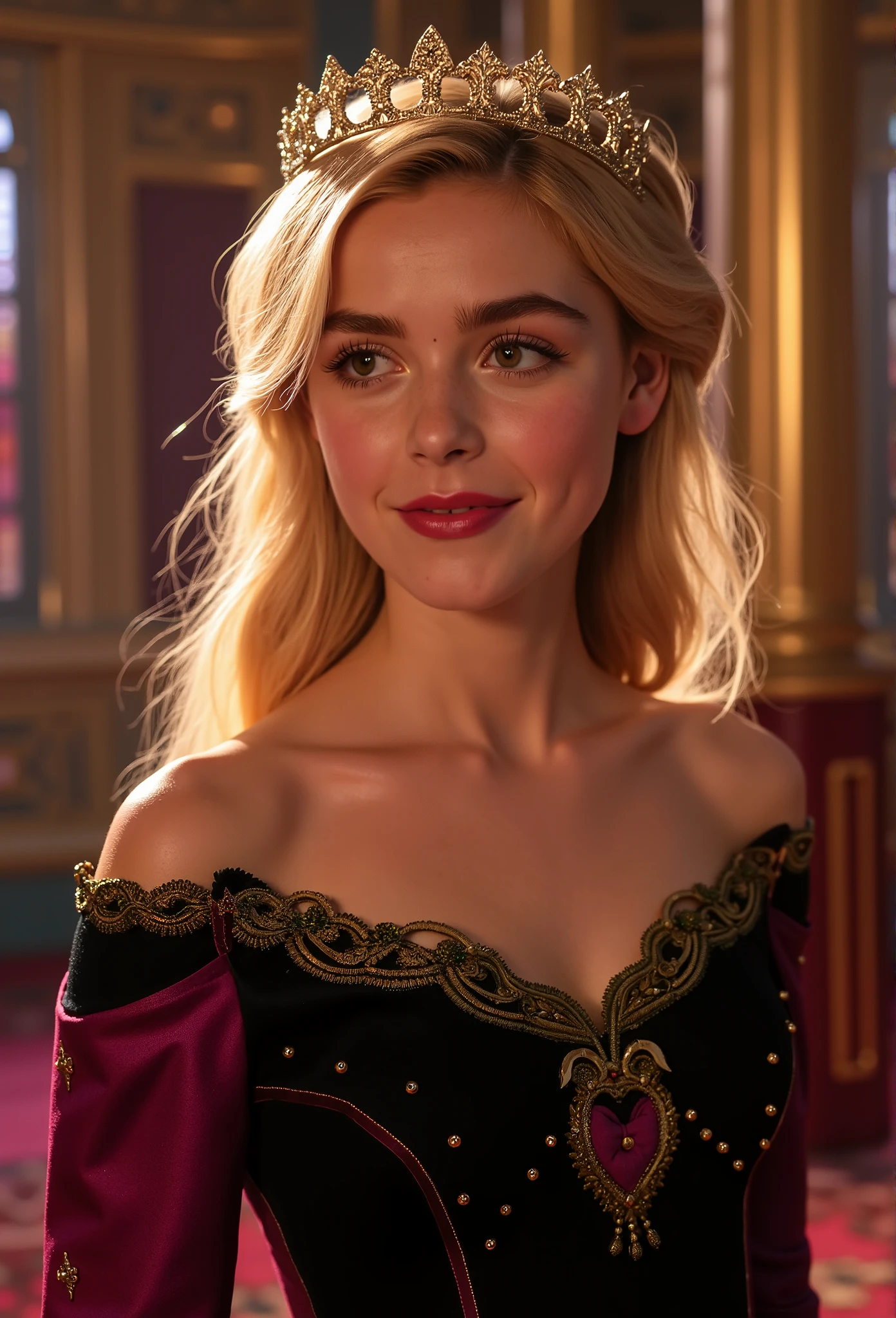 A realistic portrait of Princess Anna of Arendelle, young and beautiful, hyper realistic, real portrait, backlit, exquisite features, cleavage, sexy, seductive, ornate castle interior