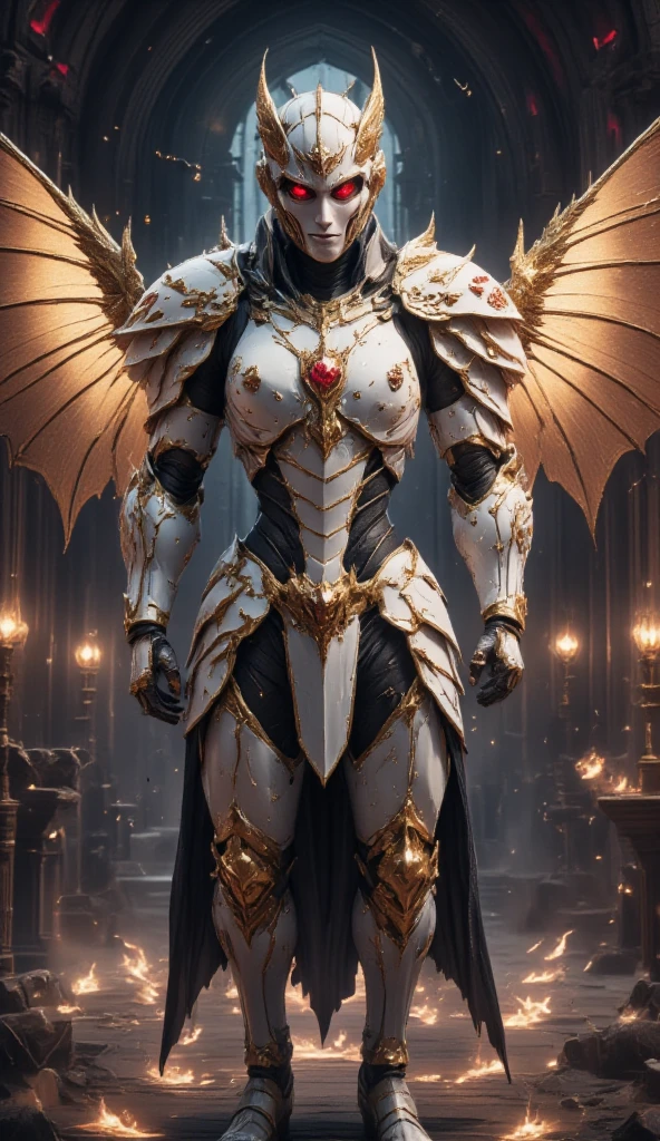  is possessed by a demon, a holy knight commander. Full Body Mechanized Image of an Adult Male. Robotic Muscle-Developed Body . wearing sacred white gold holy knight armor . Eyes Deep Red .Golden Mechanic Wings. standing inside a mysterious black and red church.Bold composition .COUNTLESS KNIGHT FOLLOWERS.Full body image with dark red glow in the eyes。He boldly stands in a mysterious black and red mechanical church， composition underlines his majestic presence 。 lights are very striking ， shadows cast by him highlight his armor and the church's bizarre atmosphere ，Mechanic robot ，Future Mechanism ， Cyberpunk 
