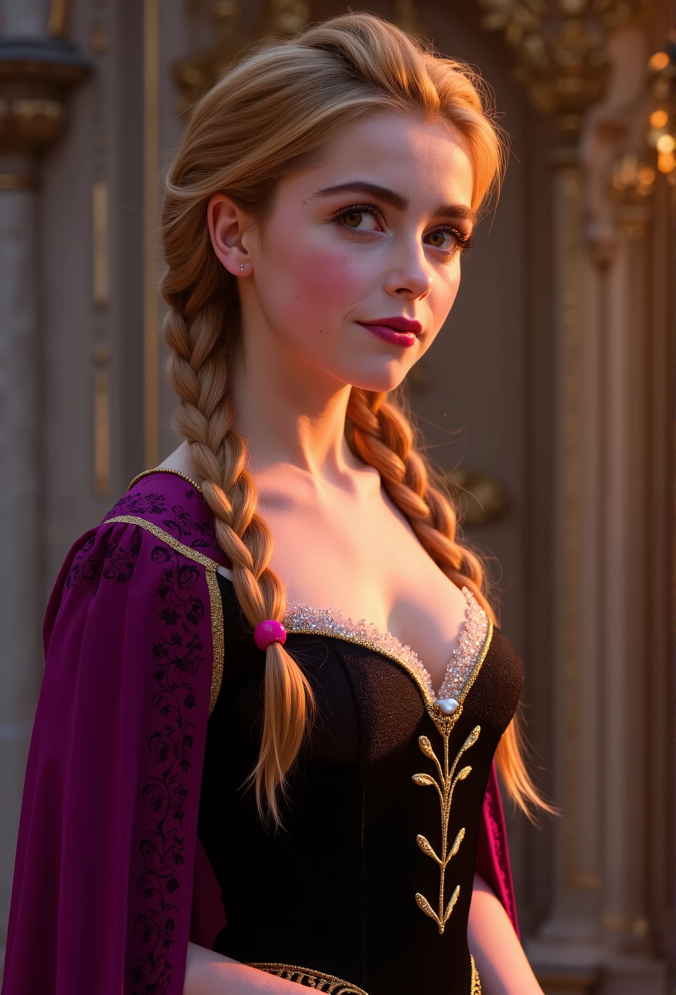 A stunning portrait of Princess Anna of Arendelle, young and beautiful, hyper realistic, real portrait, backlit, exquisite features, cleavage, sexy, seductive, ornate castle interior