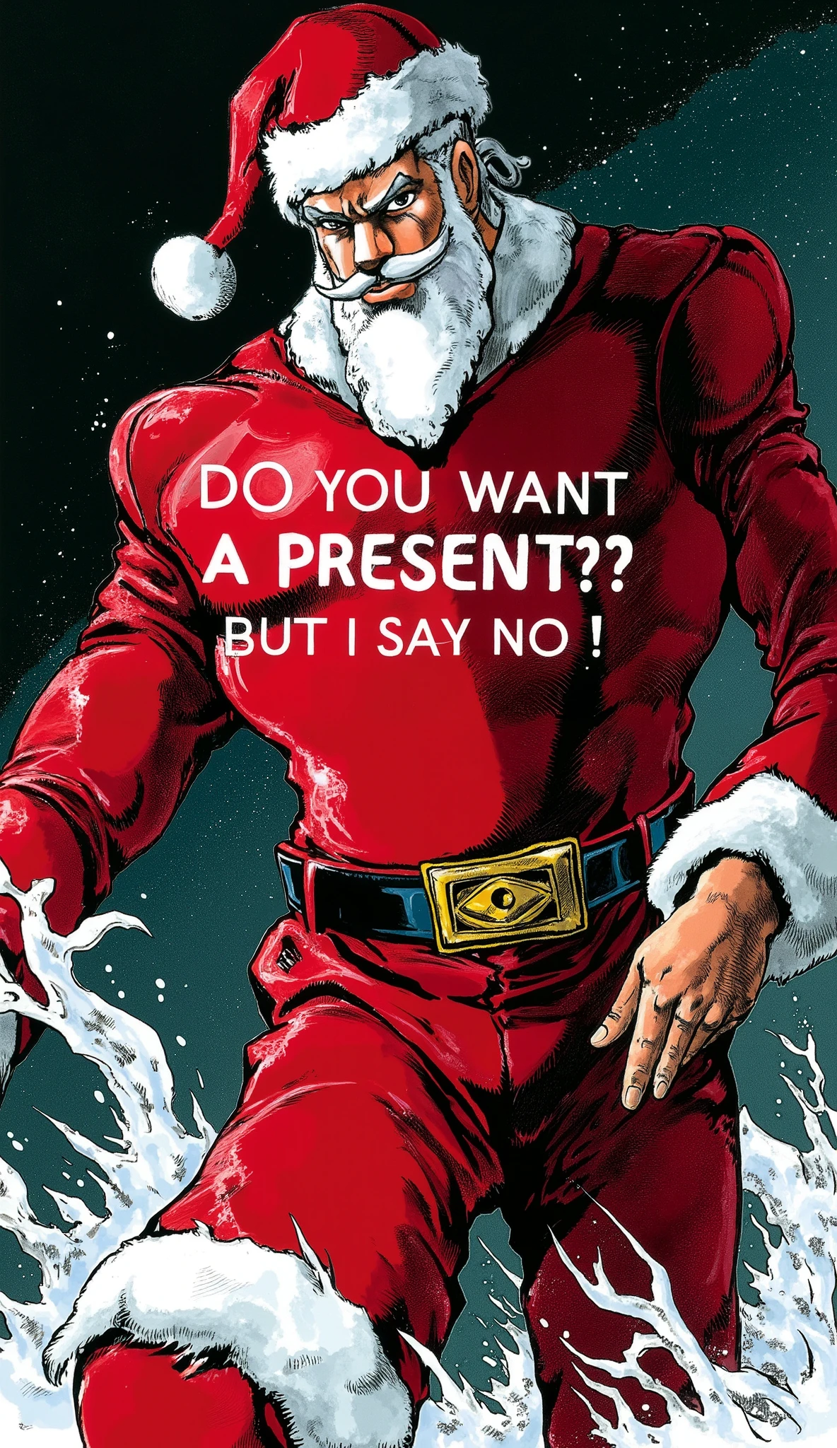 (masterpiece:1.2,Premium Quality , Mirror Finish , cinematic experience , Best illustrations:2.0, super detailed ),8k,16k,( wallpaper:2.0),("I refuse!"Santa Claus with the text:2.0),(JOJO&#39;s Bizarre Adventure style:2.0),(Serious:2.0)