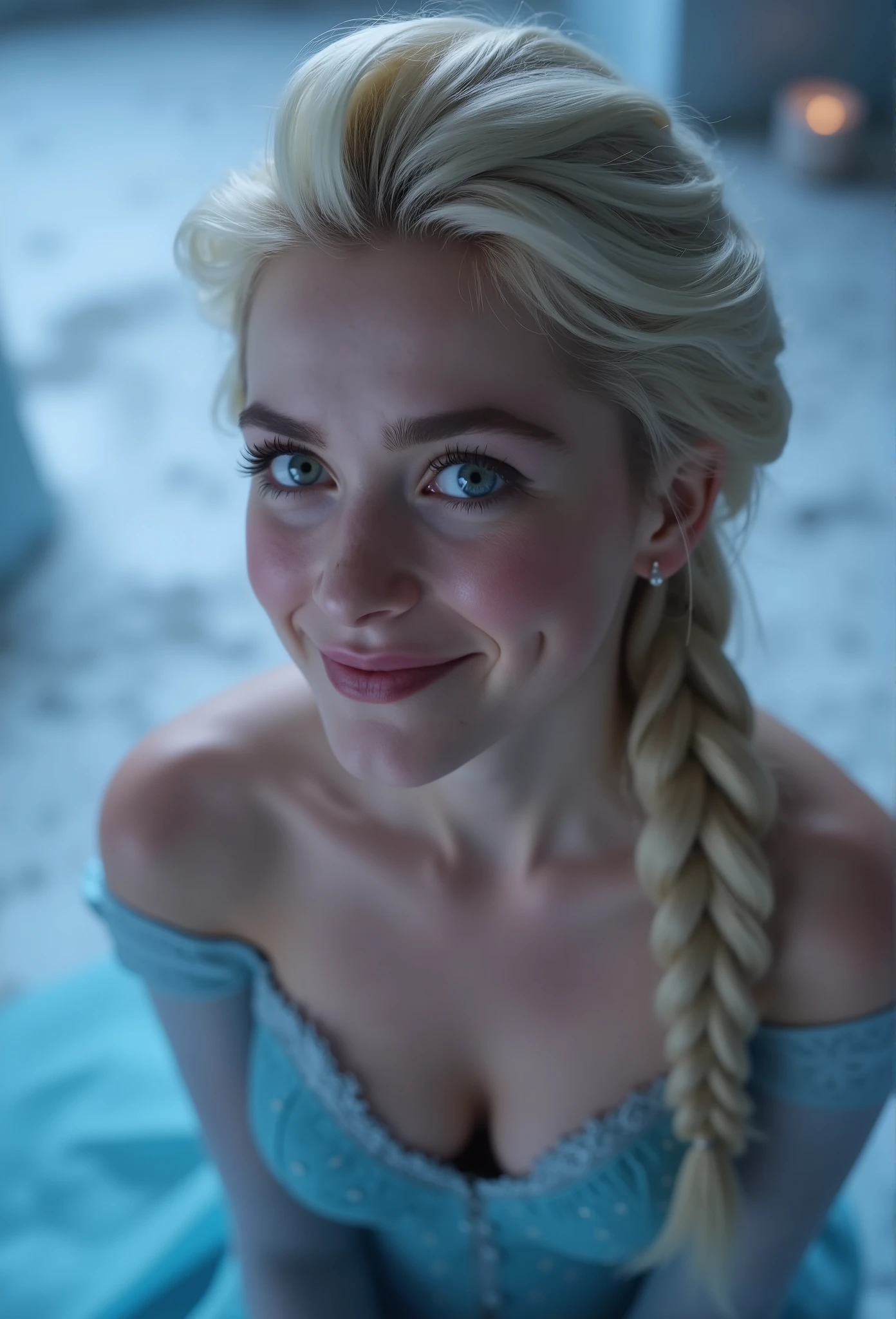 Elsa, (perky breasts), (((small breasts))), smirk:1.2, beautiful blue eyes, (perfect iris’s), depth of colour to her eyes, blonde hair, long hair, braid, full lips, blush, naked, she is showing her vagina, depth of field, bokeh, (special attention to skin detail: 1.2), masterpiece, best quality, ultra-detailed, ultra-HD, photorealistic, cinematic, ((mid camera shot)), sensual pose, alluring, nipples:1.4, looking up at camera, closeup on her face, her cheeks are blushed, 2, she is on her knees, eye contact:1.4, high angle:1.5, ((closeup on face)), perfect face, (((visible breasts))) bokeh everything other than her perfect face, location is Arendelle in winter, ice castle