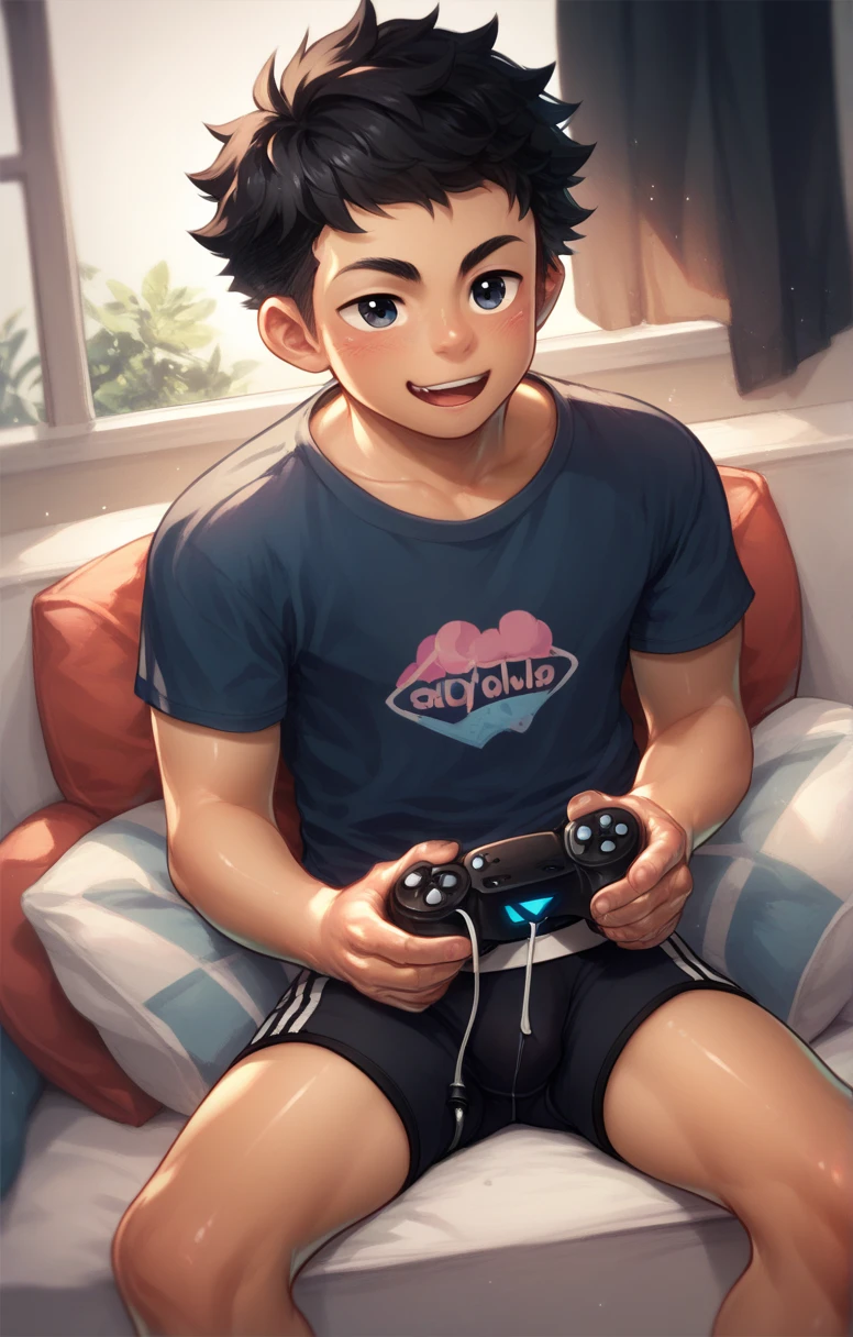  Cute young man twink curly black hair and black eyes black boxer briefs playing video games with a controller in his hand 