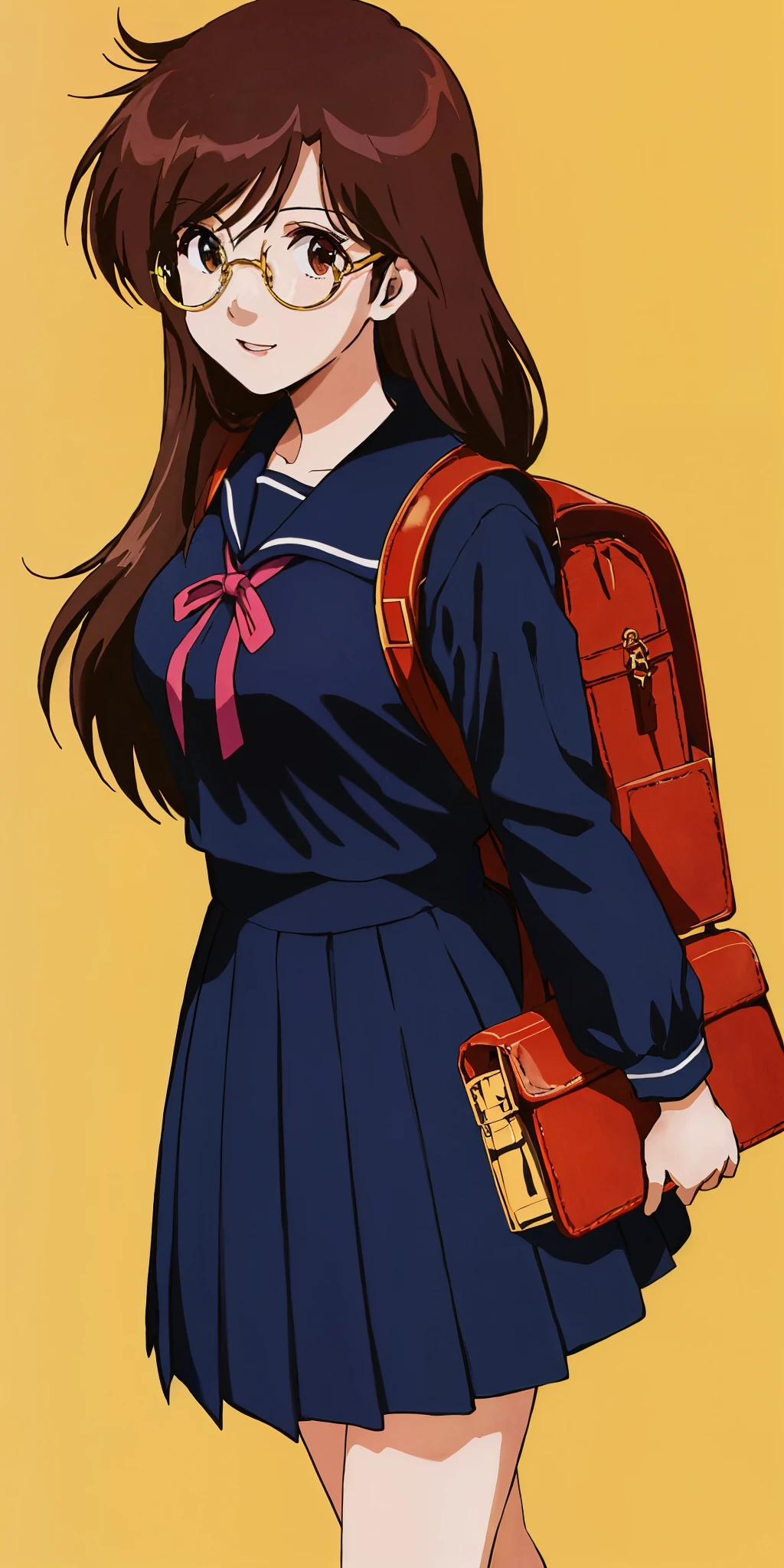 Young woman drawn in 80’s anime art style. 
Retro anime. Vintage Anime. Classical Anime. 
Black Dark Brown HAIR
Long Nihongami Hair
(Round Glasses)
(Round and Circle eyes)
(Light Brown eyes)
(Medium Sized Eyebrows)
(Freckles on Cheek)
(Light Tan Woman)
(Medium Breast)
Seductive Smile

She is wearing a sailor fuku (セーラー服, sērā fuku, sailor outfit) is a common japanese style of uniform worn by women, traditionally by high school female students. 

The uniform generally consists of a sailor-styled blouse attached with a (Navy blue sailor-style collar) and a Dark Navy Blue Sailor Blouse. The length of the long skirt goes down past her ankle.

A ribbon is tied in the front and laced through a loop attached to the sailor blouse. The color is the ribbon is red. (RED RIBBON)

(Dark Navy Blue Sailor Shirt)
(Dark Navy Pleated Skirt)

She is holding a brown briefcase and wearing a backpack. 
visiting a High School

(Solo)