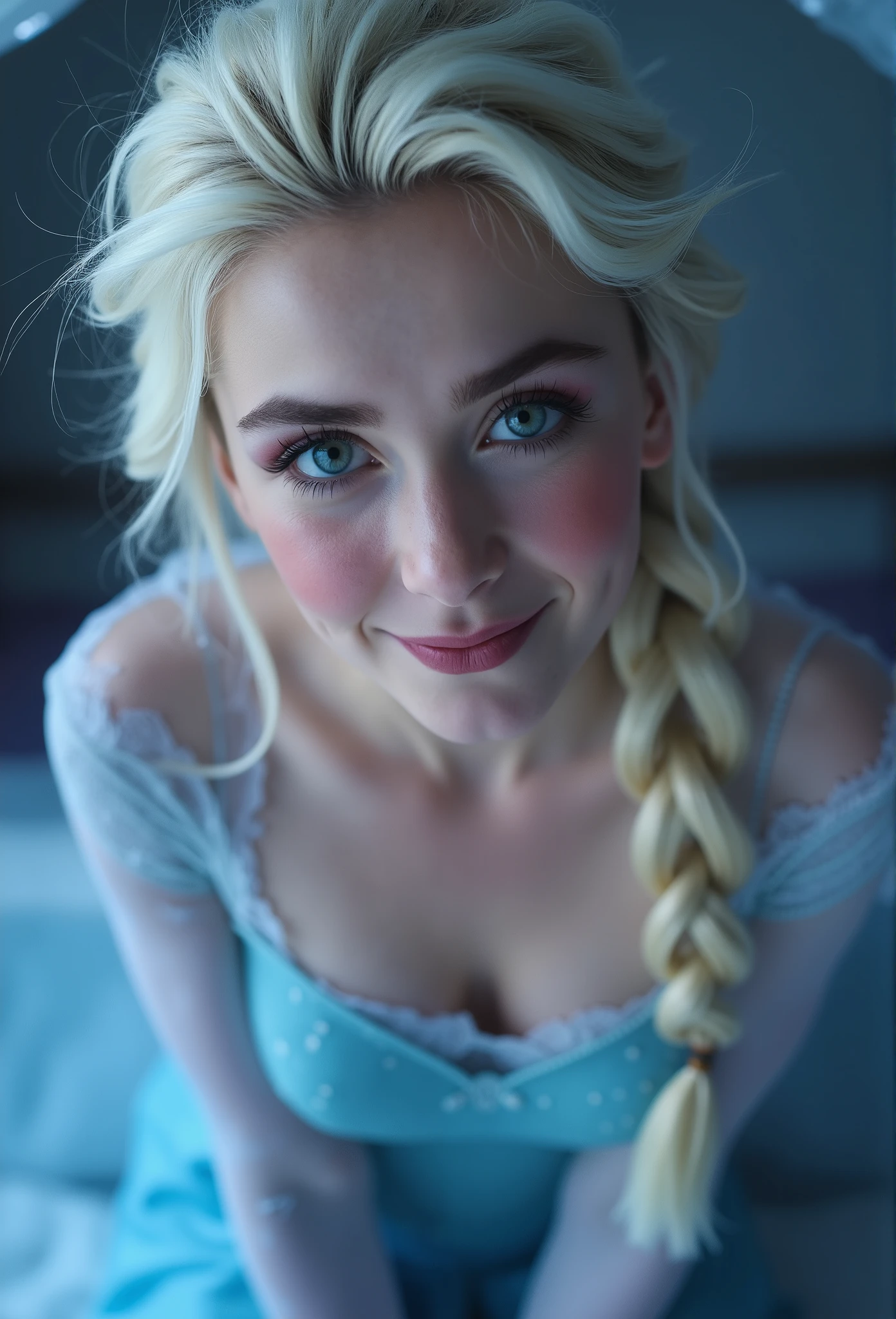 Elsa, (perky breasts), (((small breasts))), smirk:1.2, beautiful blue eyes, (perfect iris’s), depth of colour to her eyes, blonde hair, long hair, braid, full lips, blush, naked, she is showing her vagina, depth of field, bokeh, (special attention to skin detail: 1.2), masterpiece, best quality, ultra-detailed, ultra-HD, photorealistic, cinematic, ((mid camera shot)), sensual pose, alluring, nipples:1.4, looking up at camera, closeup on her face, her cheeks are blushed, 2, she is on her knees, eye contact:1.4, high angle:1.5, ((closeup on face)), perfect face, (((visible breasts))) bokeh everything other than her perfect face, location is Arendelle in winter, ice castle