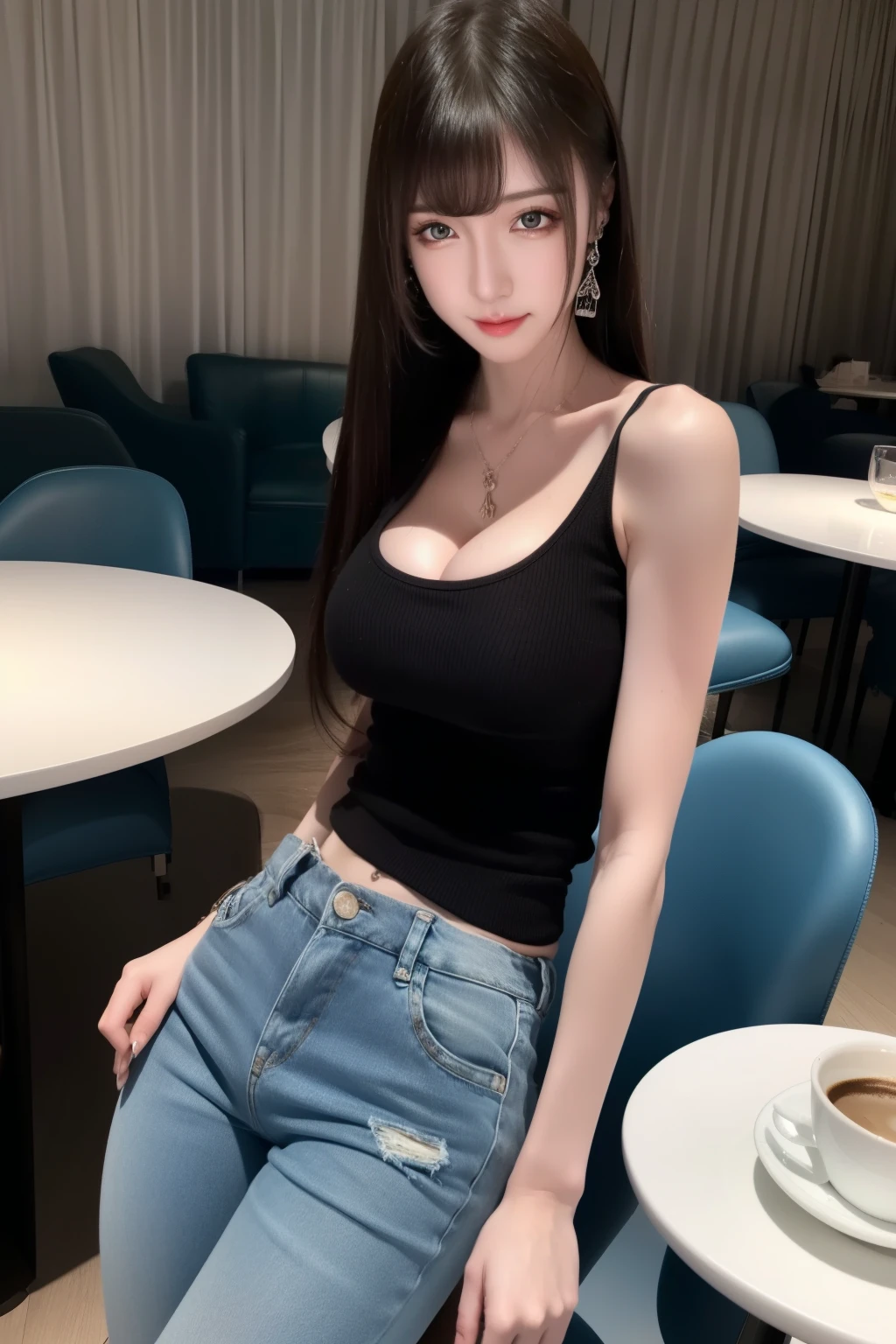 (Realistic, high resolution:1.2), 1 girl with perfect figure, Super fine face and eyes, Long dark blue hair, blue tanktop: 1.2 In pure color, short jeans pants, In a café, Coffee on the table, gigantic cleavage breasts