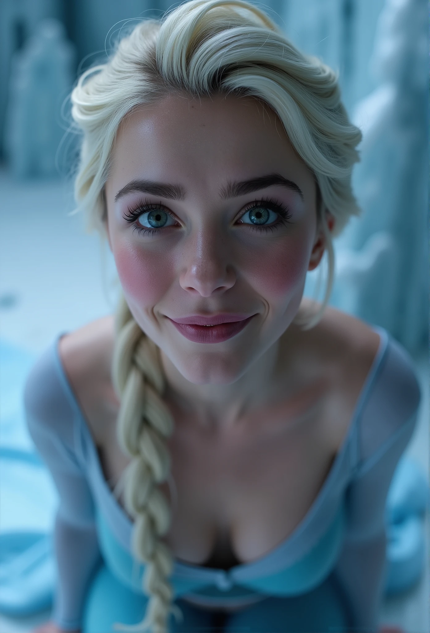 Elsa, (perky breasts), (((small breasts))), smirk:1.2, beautiful blue eyes, (perfect iris’s), depth of colour to her eyes, blonde hair, long hair, braid, full lips, blush, naked, she is showing her vagina, depth of field, bokeh, (special attention to skin detail: 1.2), masterpiece, best quality, ultra-detailed, ultra-HD, photorealistic, cinematic, ((mid camera shot)), sensual pose, alluring, nipples:1.4, looking up at camera, closeup on her face, her cheeks are blushed, 2, she is on her knees, eye contact:1.4, high angle:1.5, ((closeup on face)), perfect face, (((visible breasts))) bokeh everything other than her perfect face, location is Arendelle in winter, ice castle