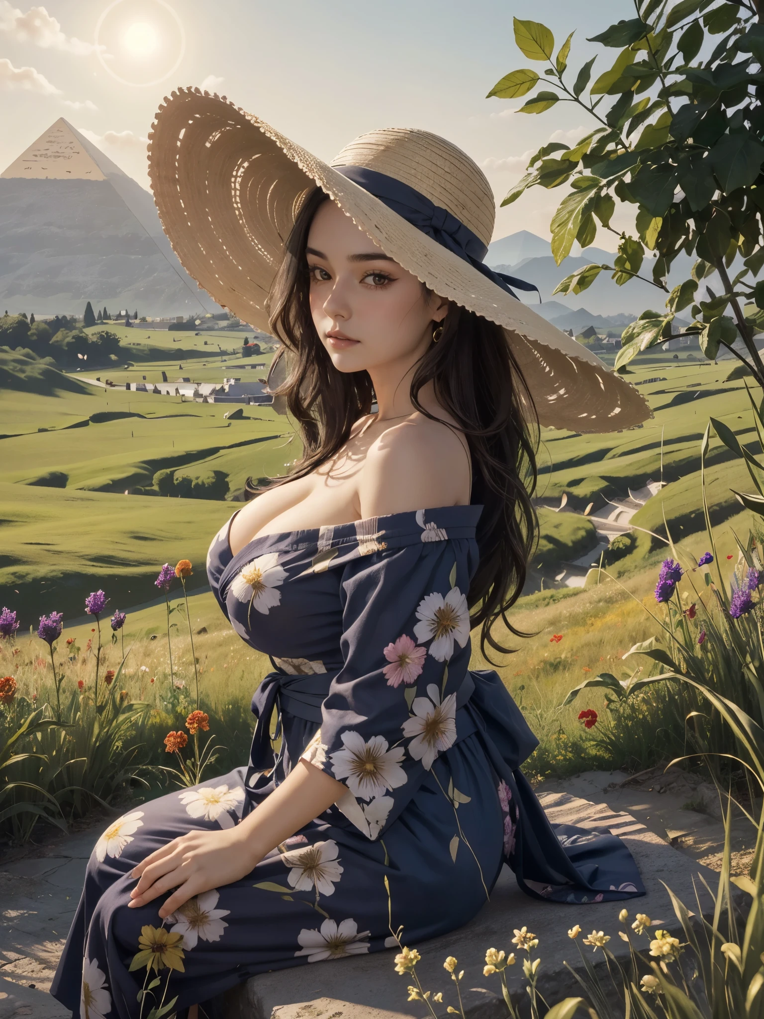 girl, from side, sitting, shoulder, see-through off-shoulder dress, huge breasts, wide hat, wavy long hair, looking at viewer, meadow with dots of wildflowers, warmth of golden hour, tyndall effect, cinematic, pyramid, explorer, yukata, bright color yukata, mystical light, mystical scene,