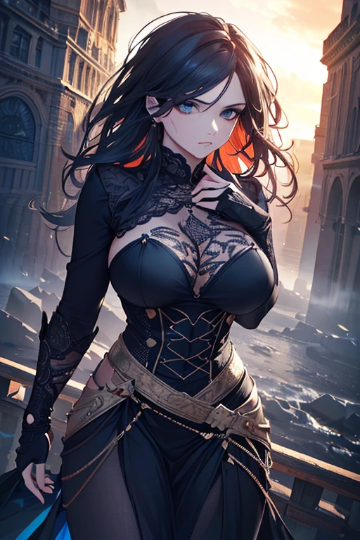 Splash art of 1girl, gothic anime character, beautiful, breasts, big breasts, stunning, cute, deep rich colors, epic, octane rendering, masterpiece, 8k, hd, 4k, highly detailed, sharp focus,