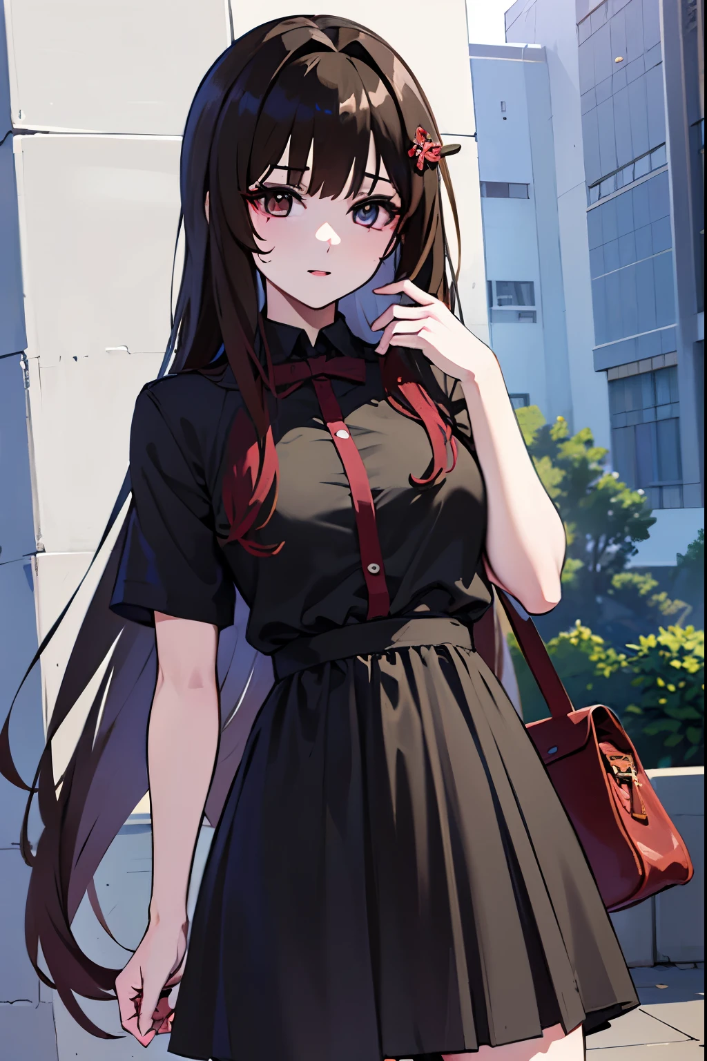 Anime girl in a black dress with a black bag,  anime girl in a black dress , De Girls Frontline, Made with Anime Painter Studio, Rin Tohsaka, Girls Frontline style , Fine details. girls frontline, Chica anime linda con un vestido bonito,  anime moe art style , April representation,   anime style , Anya de Spy X Family