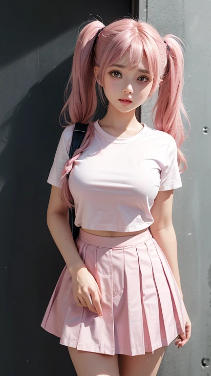 -yeld scplump chest, pink transparent open-chest shirt that can show the chest, white miniskirt, panties can be seen, street in the background, heavy traffic, perfect body, delicate facial features, pink curly hair, transparent suspenders, open legs, feminine sexy pose, full body portrait, perfect hands