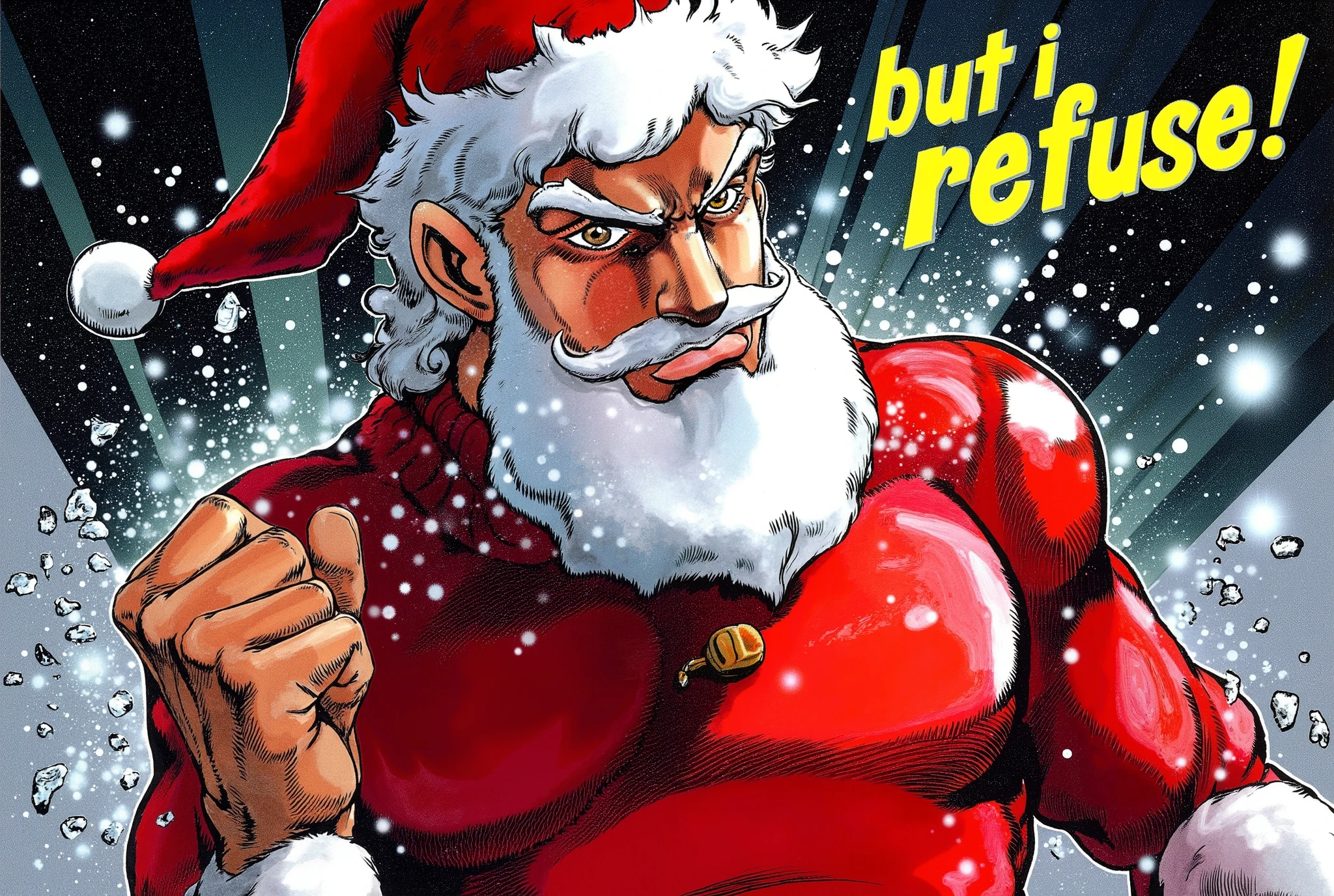 (masterpiece:1.2,Premium Quality , Mirror Finish , cinematic experience , Best illustrations:2.0, super detailed ),8k,16k,( wallpaper:2.0),("I refuse!"Santa Claus with the text:2.0),(JOJO&#39;s Bizarre Adventure style:2.0),(Serious:2.0)