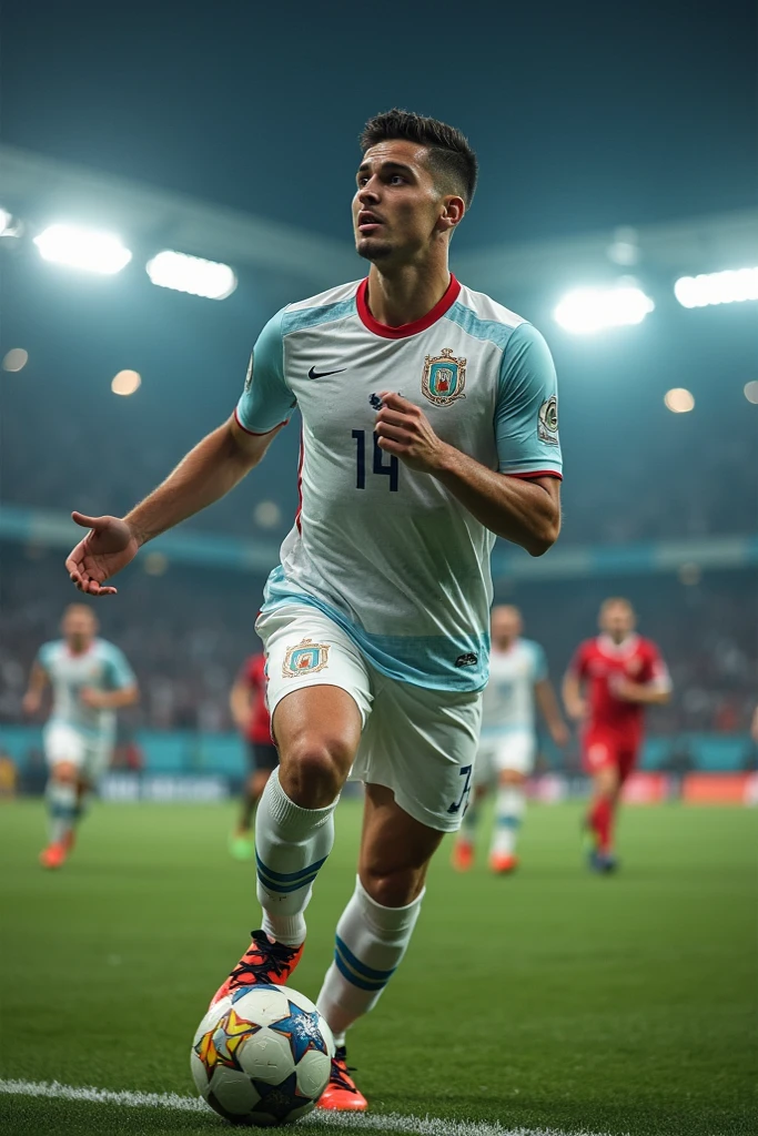Arab soccer midfielder. 22 years old. Blonde hair. Short hairstyle. Round chin. Trimmed beard. White skin.. Dramatic light. Male. Black jersey. Masterpiece, best quality, 4k, celebrating goal, very detailed. Male.