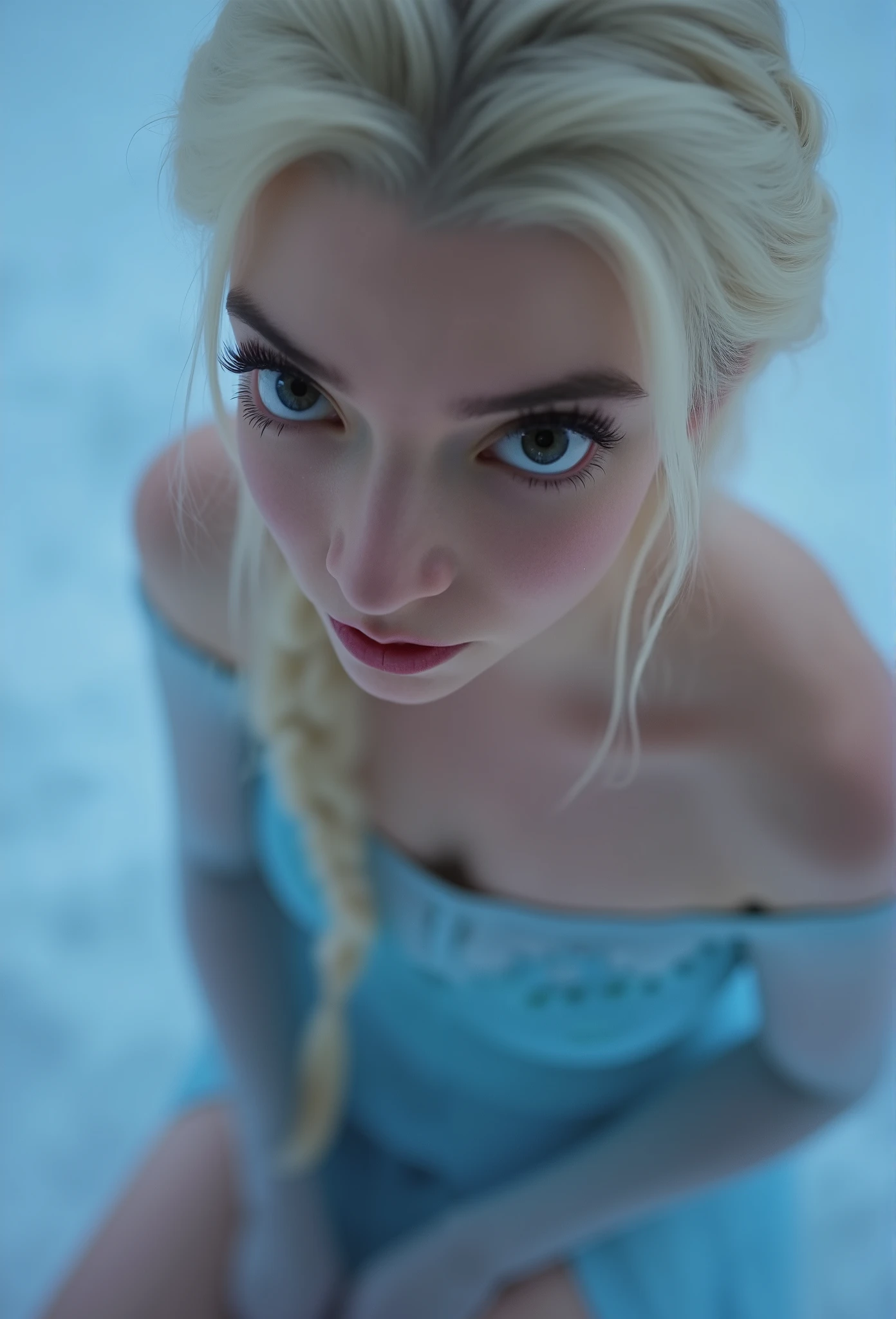 Elsa, (perky breasts), (((small breasts))), smirk:1.2, beautiful blue eyes, (perfect iris’s), depth of colour to her eyes, blonde hair, long hair, braid, full lips, blush, naked, she is showing her vagina, depth of field, bokeh, (special attention to skin detail: 1.2), masterpiece, best quality, ultra-detailed, ultra-HD, photorealistic, cinematic, ((mid camera shot)), sensual pose, alluring, nipples:1.4, looking up at camera, closeup on her face, her cheeks are blushed, 2, she is on her knees, eye contact:1.4, high angle:1.5, ((closeup on face)), perfect face, (((visible breasts))) bokeh everything other than her perfect face, location is Arendelle in winter, ice castle