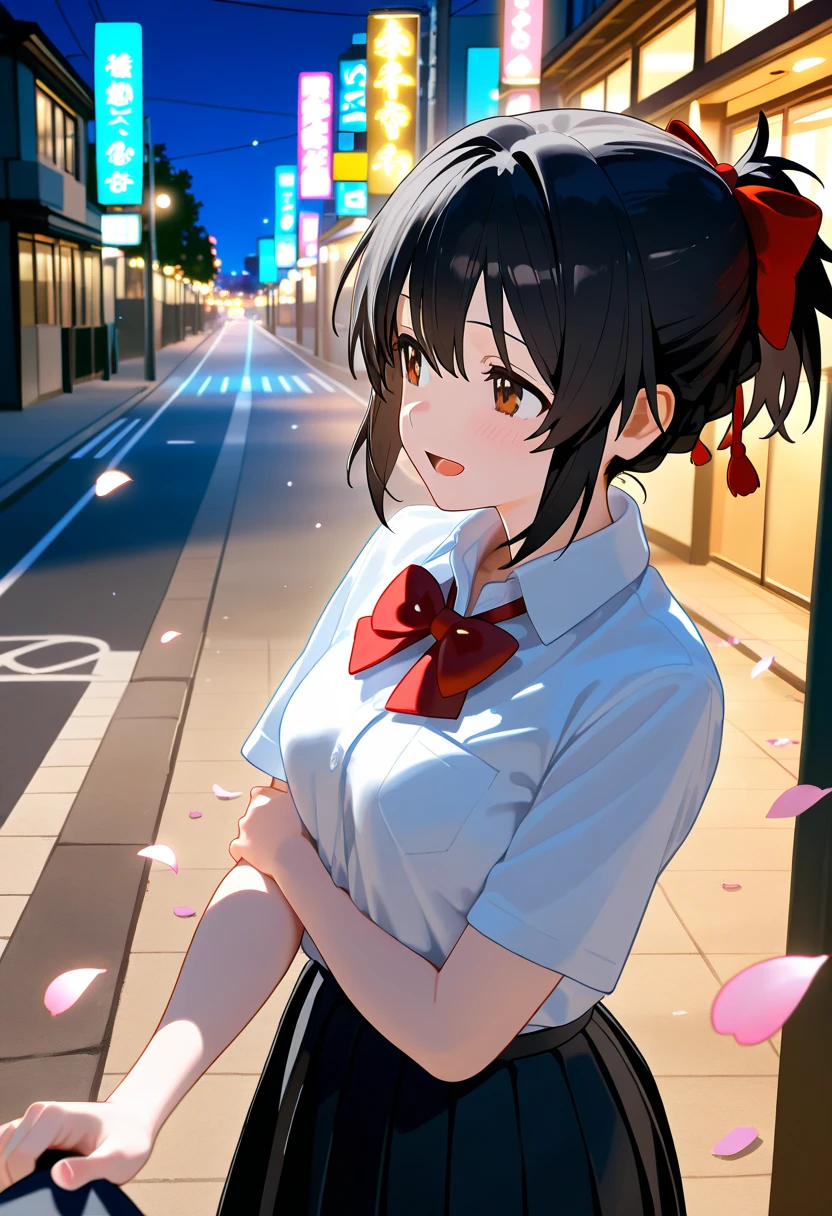  Ultra Realistic Photo  、  RAW photo 、  realism 、  3d rendering、 Unity Engine , 1young girl, black hair,  Short Ponytail ,  hair bow,  brown eyes,  school uniform,  red bow tie,  colored shirt ,  white shirt, Short sleeve,  pleated skirt,  black skirt ,  standing with different breasts ,  cowboy shot,  outdoors on the street at night, smile,   Open Mouth ,  reach,  petals