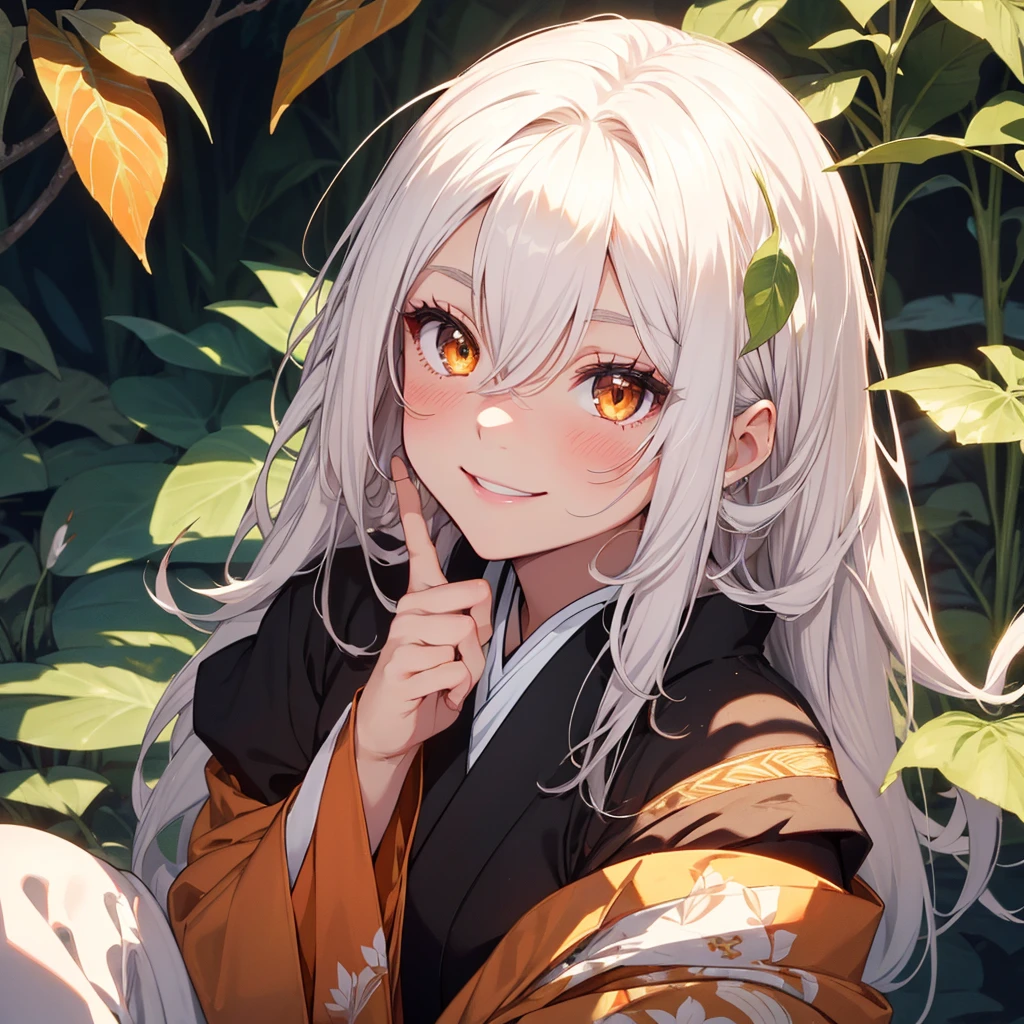 Long white hair, female, golden eyes, orangeish eyes, wearing leaf looking haori, demon slayer art style, 1girl, Solo, Long Hair, High Resolution, Black Hair, White Hair, Blush, teenager, cherubic features, thick black eyelashes, plump lips, 1girl, Solo, High Resolution, Smile, 