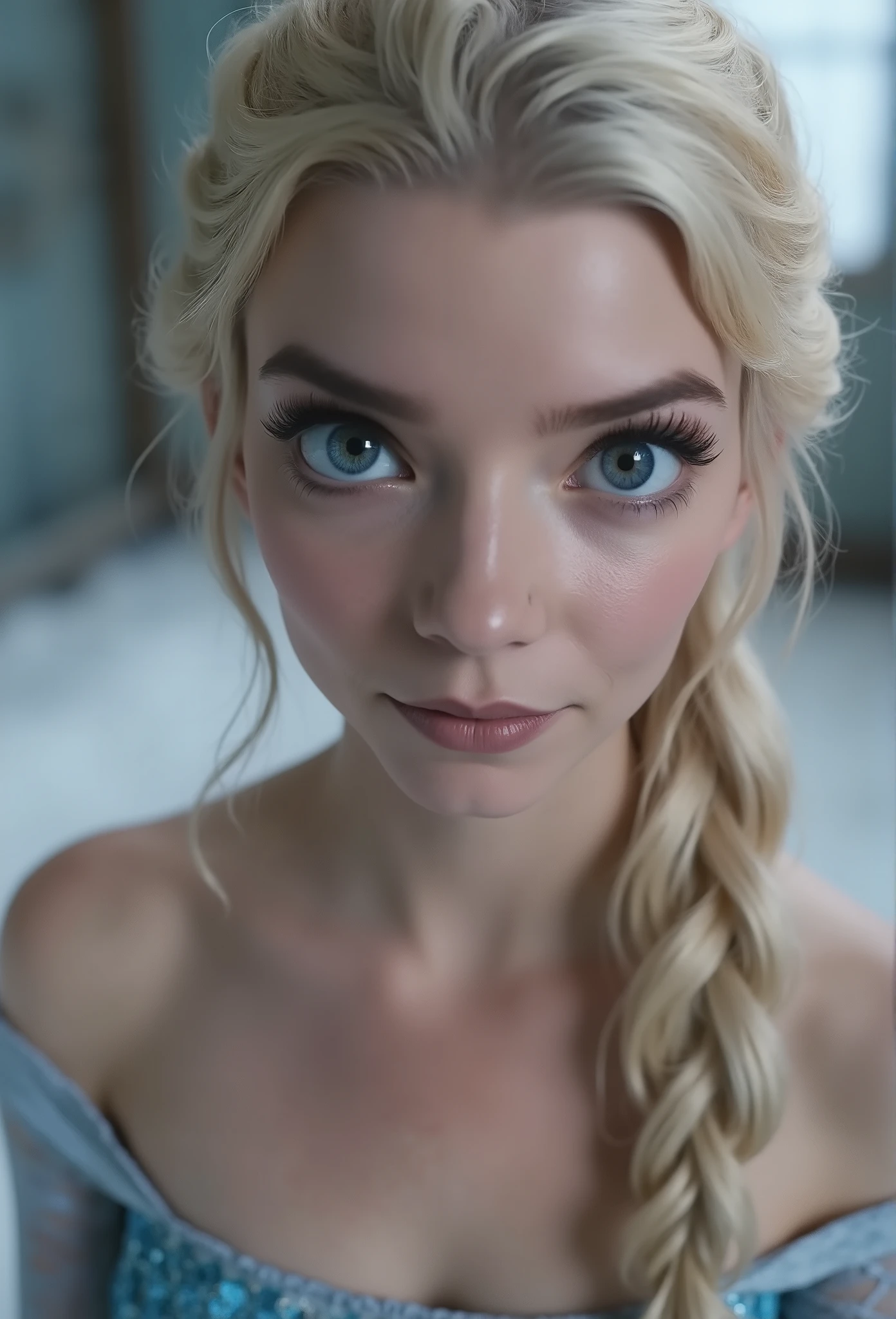 Elsa, (perky breasts), (((small breasts))), smirk:1.2, beautiful blue eyes, (perfect iris’s), depth of colour to her eyes, blonde hair, long hair, braid, full lips, blush, naked, she is showing her vagina, depth of field, bokeh, (special attention to skin detail: 1.2), masterpiece, best quality, ultra-detailed, ultra-HD, photorealistic, cinematic, ((mid camera shot)), sensual pose, alluring, nipples:1.4, looking up at camera, closeup on her face, her cheeks are blushed, 2, she is on her knees, eye contact:1.4, high angle:1.5, ((closeup on face)), perfect face, (((visible breasts))) bokeh everything other than her perfect face, location is Arendelle in winter, ice castle