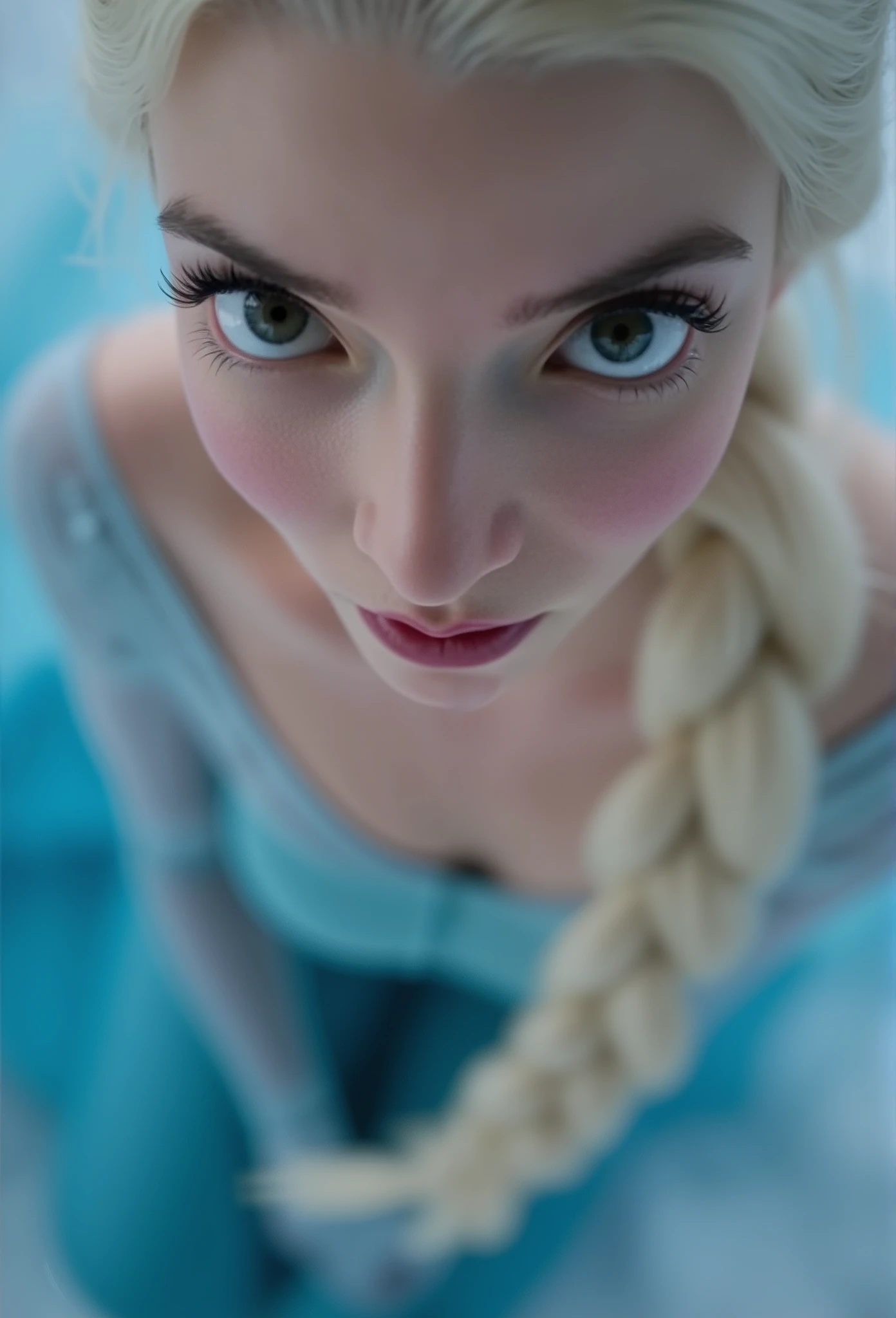 Elsa, (perky breasts), (((small breasts))), smirk:1.2, beautiful blue eyes, (perfect iris’s), depth of colour to her eyes, blonde hair, long hair, braid, full lips, blush, naked, she is showing her vagina, depth of field, bokeh, (special attention to skin detail: 1.2), masterpiece, best quality, ultra-detailed, ultra-HD, photorealistic, cinematic, ((mid camera shot)), sensual pose, alluring, nipples:1.4, looking up at camera, closeup on her face, her cheeks are blushed, 2, she is on her knees, eye contact:1.4, high angle:1.5, ((closeup on face)), perfect face, (((visible breasts))) bokeh everything other than her perfect face, location is Arendelle in winter, ice castle