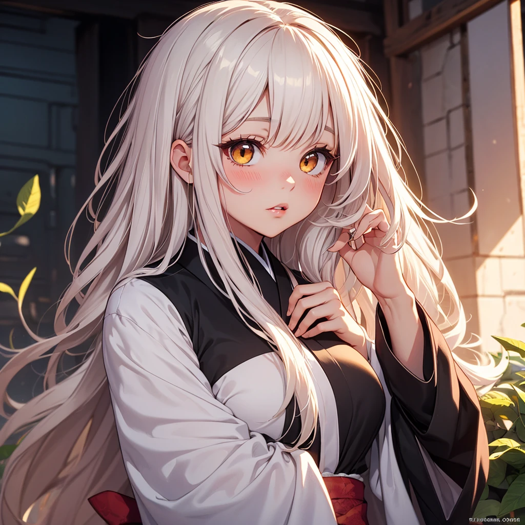 Long white hair, female, golden eyes, orangeish eyes, wearing leaf looking haori, demon slayer art style, 1girl, Solo, Long Hair, High Resolution, Black Hair, White Hair, Blush, teenager, cherubic features, thick black eyelashes, plump lips