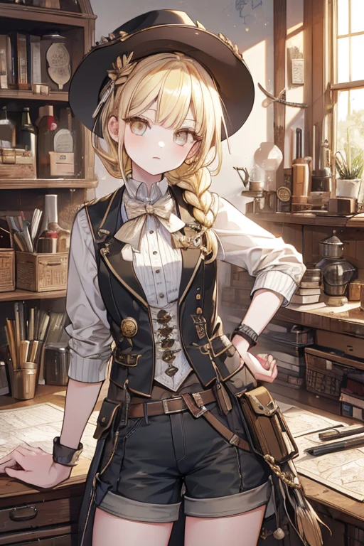 masterpiece, highest quality, Very detailed, 16k, Ultra-high resolution, Cowboy Shot, One  girl, Detailed face, Perfect Fingers, Golden Eyes, Blonde, Braid, A vest with many pockets, Shorts, Exploring knife, Safari Hat, compass, telescope, map, A cluttered room with lots of small items, Organizing tools