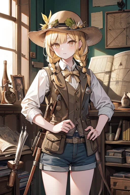 masterpiece, highest quality, Very detailed, 16k, Ultra-high resolution, Cowboy Shot, One  girl, Detailed face, Perfect Fingers, Golden Eyes, Blonde, Braid, A vest with many pockets, Shorts, Exploring knife, Safari Hat, compass, telescope, map, A cluttered room with lots of small items, Organizing tools