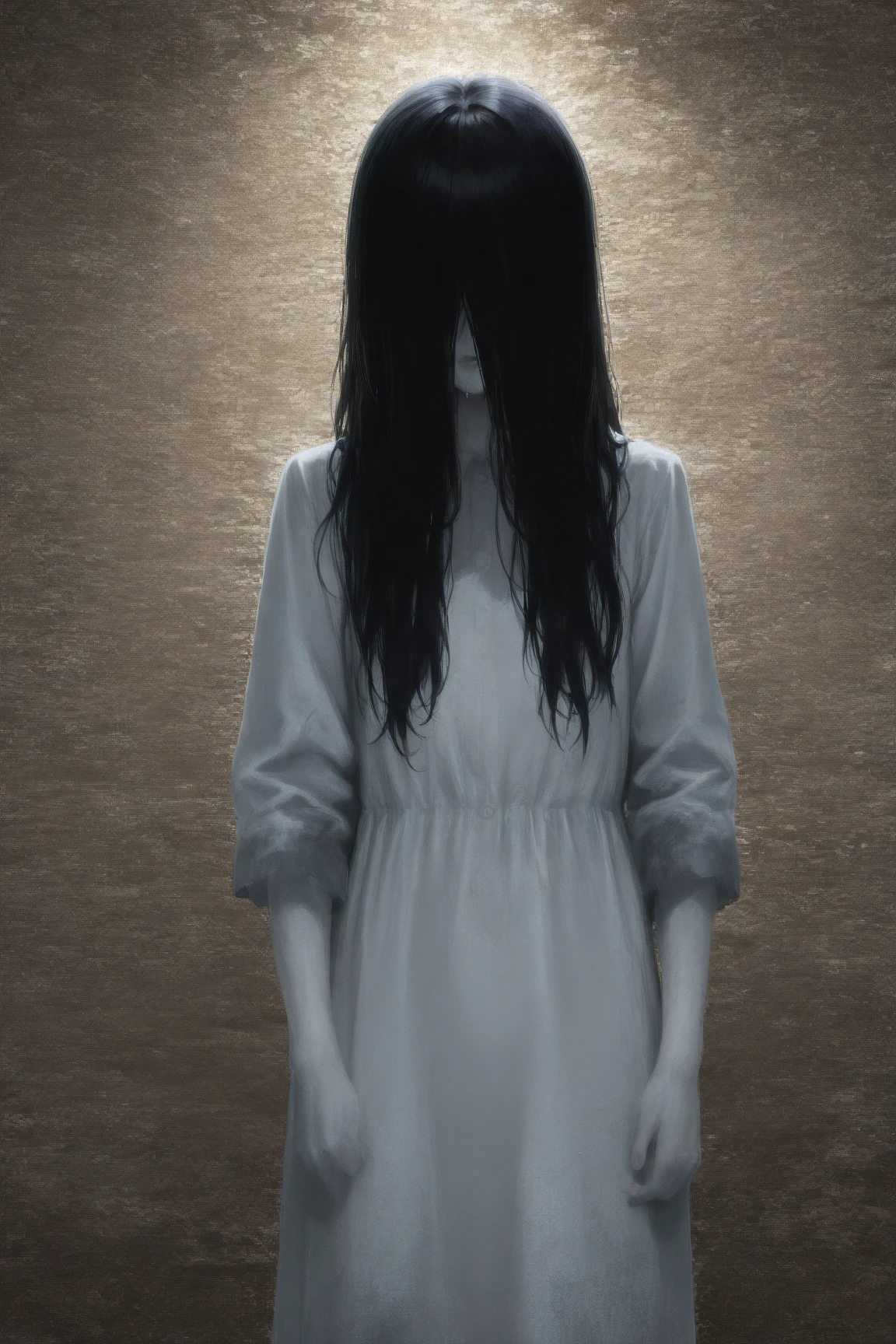 solo,sadako yamamura\(\(the onryo\),long black hair,faceless,hair over face,dirty white dress with sleeves,front face, hair over eyes, black hair, long hair, pale skin, white dress, wet clothes,cute,sexy\), horror \(theme,mood\). BREAK .quality\(8k,wallpaper of extremely detailed CG unit, high resolution, top-quality, top-quality real texture skin, hyper realistic, increase the resolution, RAW photos, best quality, highly detailed, the wallpaper, golden ratio, high saturation realism, vibrant colors, dramatic lighting, persuasive storytelling, atmospheric scenery, captivating visuals, intricate details, strong emotions, dreamlike world\)