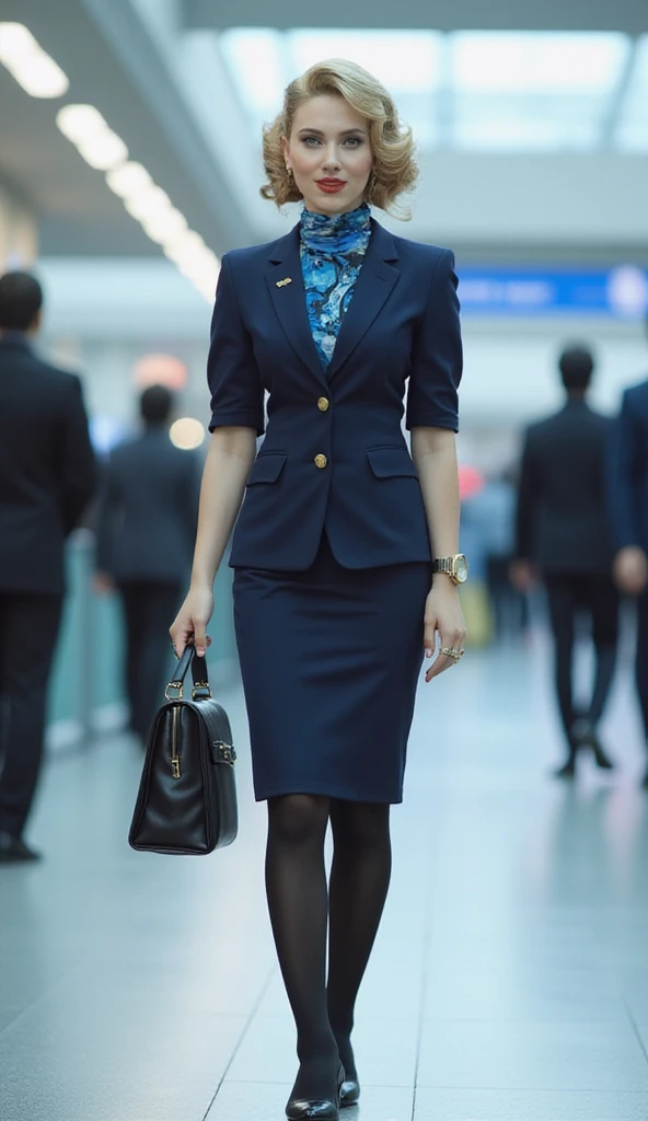 Photographic, Front view, standing pose,  looking at viewer,  female, 20-age, (light blonde hair, chignon , mole under , fringe, little smile), (middle breasts, slender whist, middle hip) , new Japan ANA Stewardess, (Navy blue Flight attendant uniform, Navy blue,  long pencil skirt , blue scarf ,black stocking, black heals), 1 bag, lady's watch,  in Tokyo Haneda airport,( super detailed, High Details , High Quality , Accurate, anatomically correct , textured skin, beautiful fingers super detailed, High Details , High Quality , High Quality )