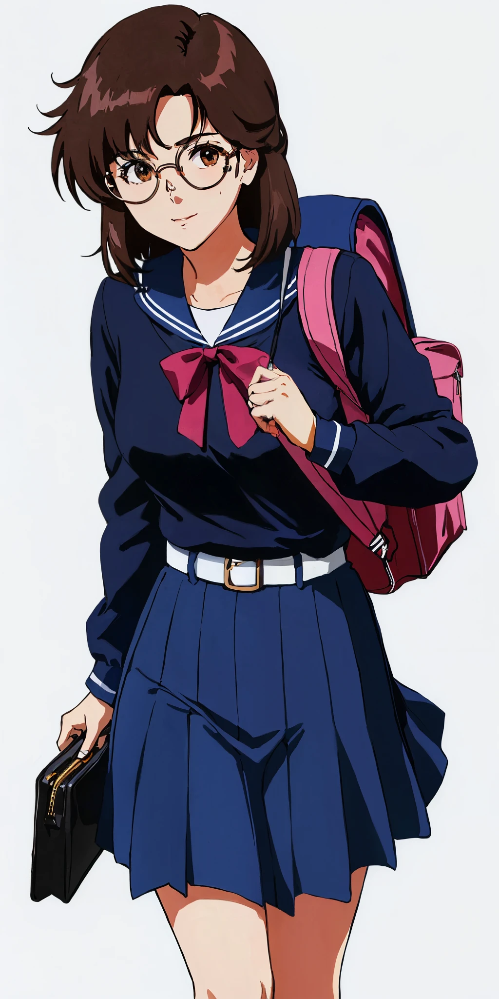 Young woman drawn in 80’s anime art style. 
Retro anime. Vintage Anime. Classical Anime. 
Black Dark Brown HAIR
Long Nihongami Hair
(Round Glasses)
(Round and Circle eyes)
(Light Brown eyes)
(Medium Sized Eyebrows)
(Freckles on Cheek)
(Light Tan Woman)
(Medium Breast)
Licking Lips

She is wearing a sailor fuku (セーラー服, sērā fuku, sailor outfit) is a common japanese style of uniform worn by women, traditionally by high school female students. 

The uniform generally consists of a sailor-styled blouse attached with a (Navy blue sailor-style collar) and a Dark Navy Blue Sailor Blouse. The length of the long skirt goes down past her ankle.

A ribbon is tied in the front and laced through a loop attached to the sailor blouse. The color is the ribbon is red. (RED RIBBON)

(Dark Navy Blue Sailor Shirt)
(Dark Navy Pleated Skirt)

She is holding a brown briefcase and wearing a backpack. 
She is visiting a High School.

(Solo)