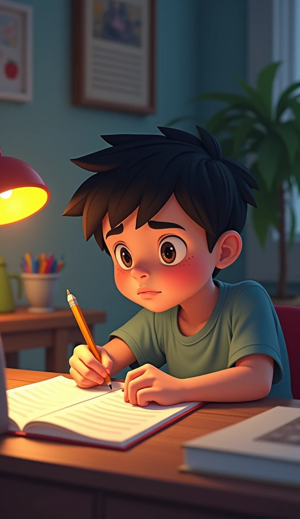 image of an 1 boy, black eyes black hair, white skin color drawing in his room looking slightly up thinking, while finishing a drawing of Dragon Ball Z, The ??? is happy, and thoughtful.