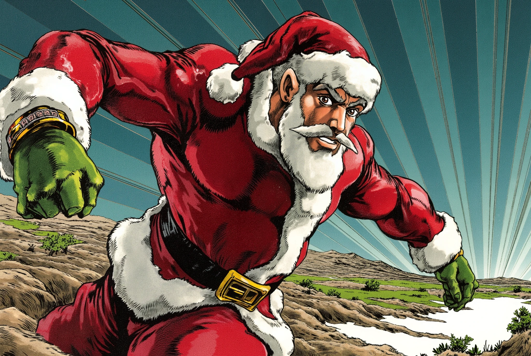 (masterpiece:1.2,Premium Quality , Mirror Finish , cinematic experience , Best illustrations:2.0, super detailed ),8k,16k,( wallpaper:2.0),("I refuse!"Santa Claus with the text:2.0),(JOJO&#39;s Bizarre Adventure style:2.0),(Serious:2.0)